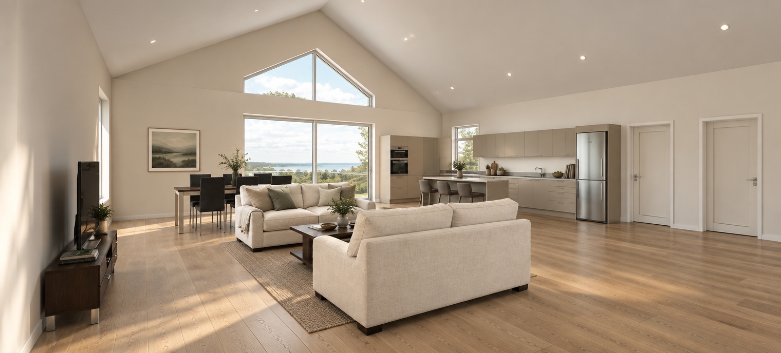 An incredibly lifelike, richly detailed, photorealistic wide-angle interior shot of a sun-drenched open-plan living space set in a tranquil Scandinavian sanctuary. The scene is illuminated by soft, diffused natural light pouring through the floor-to-ceiling glass doors and the elegant triangular clerestory window, creating a serene, airy, and inviting atmosphere. Captured with a 24mm tilt-shift lens, emphasizing the crisp clean lines of the vaulted ceiling and the rich, organic texture of the light-oak wood flooring.

The living area is anchored by plush, cream-colored sofas upholstered in tactile linen, arranged around a low-profile dark wood coffee table that contrasts beautifully with the minimalist aesthetic. Beyond the seating area, a sophisticated dining set features slender black chairs paired with a sleek table, grounding the space. The kitchen, integrated seamlessly into the rear wall, displays matte taupe cabinetry and polished stainless steel appliances, accented by subtle greenery in ceramic planters. The color palette of muted whites, warm grays, and soft forest-green accents evokes a perfect "hygge" feeling. Every detail, from the soft folds in the upholstery to the subtle reflections on the glass, is rendered with precision, highlighting a harmonious balance between functional design and natural, organic comfort.