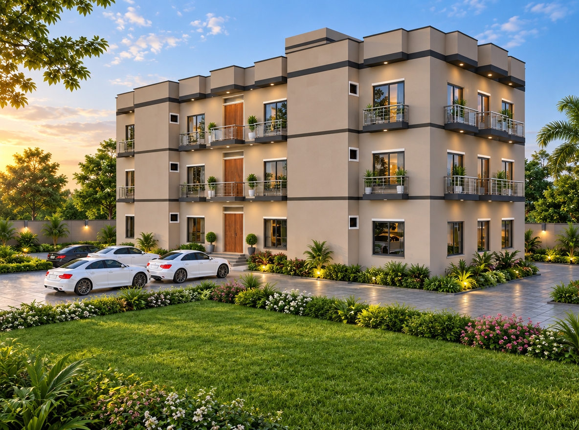 render this 3d model with beautiful sky and trees background. show stainless steel railing in balcony.show aluminium windows. show green grass with beautiful plants. show 4 cars as shown in image. show electric pool as need.show down lights in balcony. do not show swimming pool.