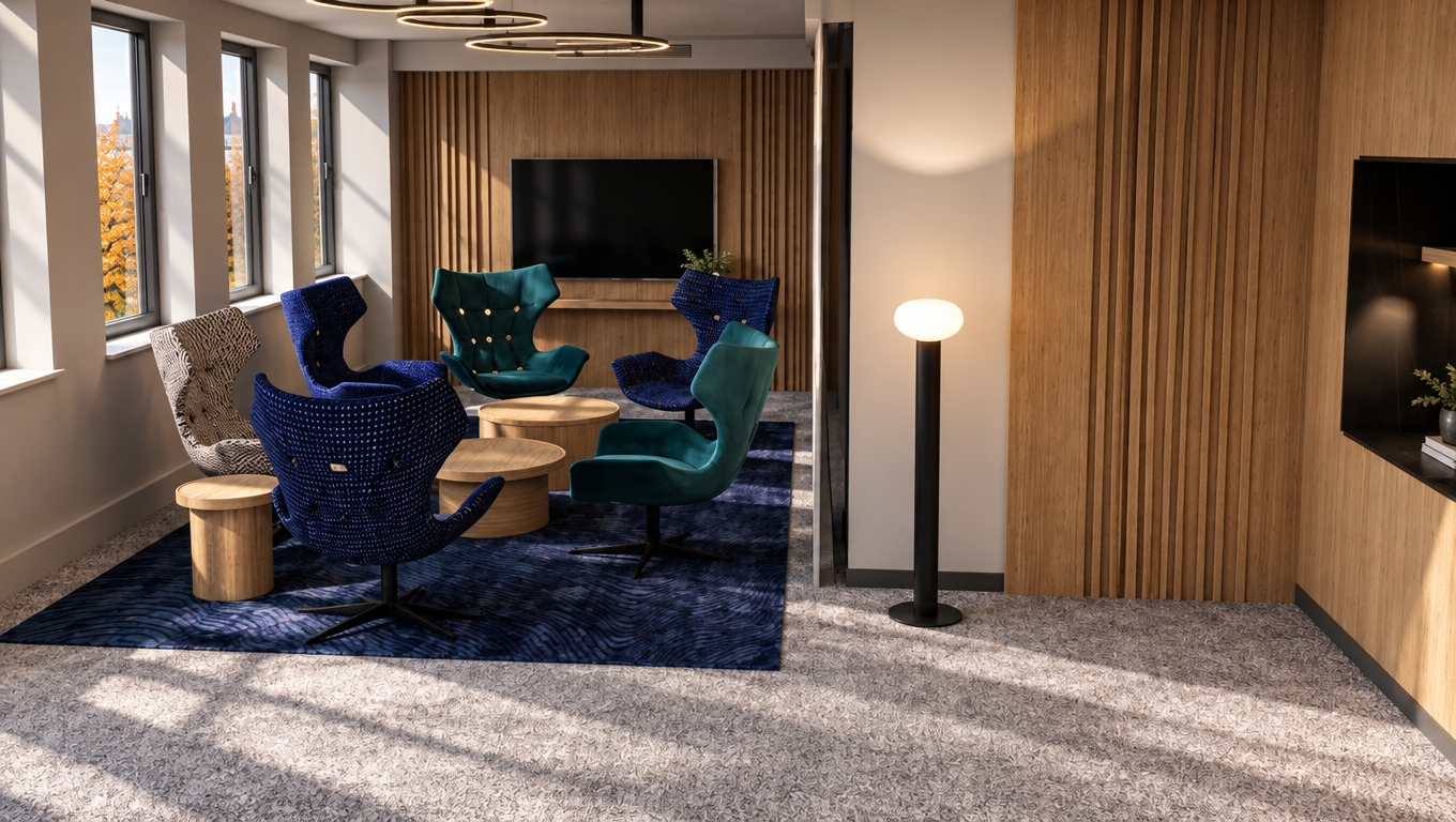 A crisp architectural photograph of this modern lounge scene during a bright autumn midday, preserving the exact layout, geometry, and camera framing. Natural, directional autumn sunlight streams through the side windows, casting defined, softly diffused shadows across the textured carpet and deep-blue area rug. The wooden slat feature wall and cylindrical tables display fine, matte timber grain and subtle natural imperfections. The upholstered swivel chairs show detailed fabric weaves, subtle creases, and authentic light-absorbing depth in their deep teal, navy, and patterned textiles. The floor lamp and overhead ring fixtures emit a gentle, warm artificial glow that balances the crisp daylight. Captured with a professional wide-angle lens, featuring lifelike ambient occlusion, realistic light bounces, subtle film grain, and faint, natural corner vignetting.