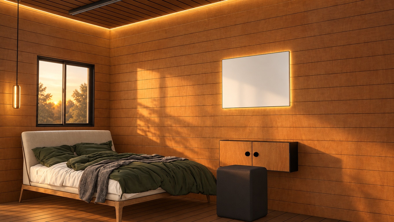 Enhance ONLY the lighting, realism, and image quality.
Apply warm golden-hour sunlight, soft natural ambient illumination, physically realistic shadows, subtle reflections, realistic exposure, and refined cinematic architectural lighting.
Create an ultra-photorealistic professional architectural photograph with interior-design-magazine quality.
ONLY LIGHTING ADDITIONS:
Add subtle, realistic concealed LED strip lighting integrated into the existing ceiling architecture. The new concealed ceiling lighting should follow the existing ceiling edges and lines naturally, with a soft warm-white glow around 2700K–3000K. Keep the light source concealed and show mainly its realistic indirect glow on the ceiling and nearby walls.
Illuminate the existing LED light line already modeled around the mirror. Preserve its exact location, shape, geometry, and proportions. Make it emit a subtle, soft, warm and realistic glow.
STRICT PRESERVATION:
Use the input image as the absolute ground truth.
Preserve the exact architecture, geometry, proportions, layout, furniture, objects, placement, materials, textures, colors, finishes, doors, windows, ceiling, walls, floor, mirror, existing lighting, and camera position, angle, perspective, framing, and focal length.
DO NOT:
Do not change, move, resize, redesign, replace, remove, or modify anything in the image.
Do not add any new furniture, objects, decorations, fixtures, architectural elements, patterns, colors, materials, textures, doors, windows, mirrors, or design elements.
The ONLY permitted addition is the concealed LED strip lighting integrated into the existing ceiling.
The existing LED line around the mirror may ONLY be illuminated and enhanced. Do not change its position, shape, size, or design.
Do not alter the camera, perspective, framing, viewpoint, or focal length.
Do not introduce any visible LED bulbs, exposed wires, bulky fixtures, or unrealistic light sources.
Do not add or remove any text, logos, branding, or watermarks.
FINAL RESULT:
The final image must be exactly the same design and composition as the input image, with absolutely no changes to the architecture, furniture, objects, materials, colors, textures, or camera.
Only improve the overall lighting and photorealism, add the concealed warm LED ceiling lighting, and illuminate the existing LED lighting around the mirror.