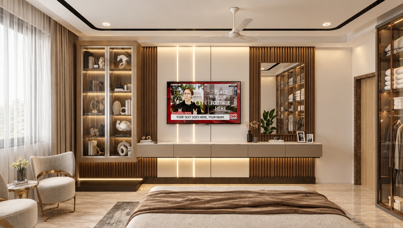 A photorealistic architectural photograph of the bedroom, captured with balanced ambient illumination and a cohesive, warm beige aesthetic. Soft, diffuse daylight filters evenly through sheer curtains without harsh sunbeams, harmonizing with warm-toned integrated LED strips behind the millwork and display cabinetry. Shot on a full-frame camera with a 24mm tilt-shift lens, the image displays natural dynamic range, tactile fabric weaves, subtle glass reflections, and authentic material textures, finished with mild photographic grain and balanced, lifelike contrast.