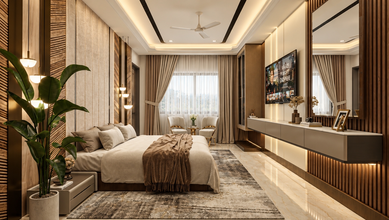 A photorealistic architectural interior photograph capturing the identical bedroom layout with balanced, warm lighting and a refined beige aesthetic. Diffused, indirect daylight filters evenly through the sheer curtains without harsh sunbeams, harmonizing with warm ambient illumination from the ceiling coves, hanging pendants, and floating console strip lighting. Materials feature authentic physical textures, including tactile linen weaves on the bedding, rich wood grain on the vertical slats, and soft specular reflections across the polished floor. Shot on a full-frame camera with a wide-angle architectural lens, maintaining sharp focus, natural contrast, and subtle film grain.