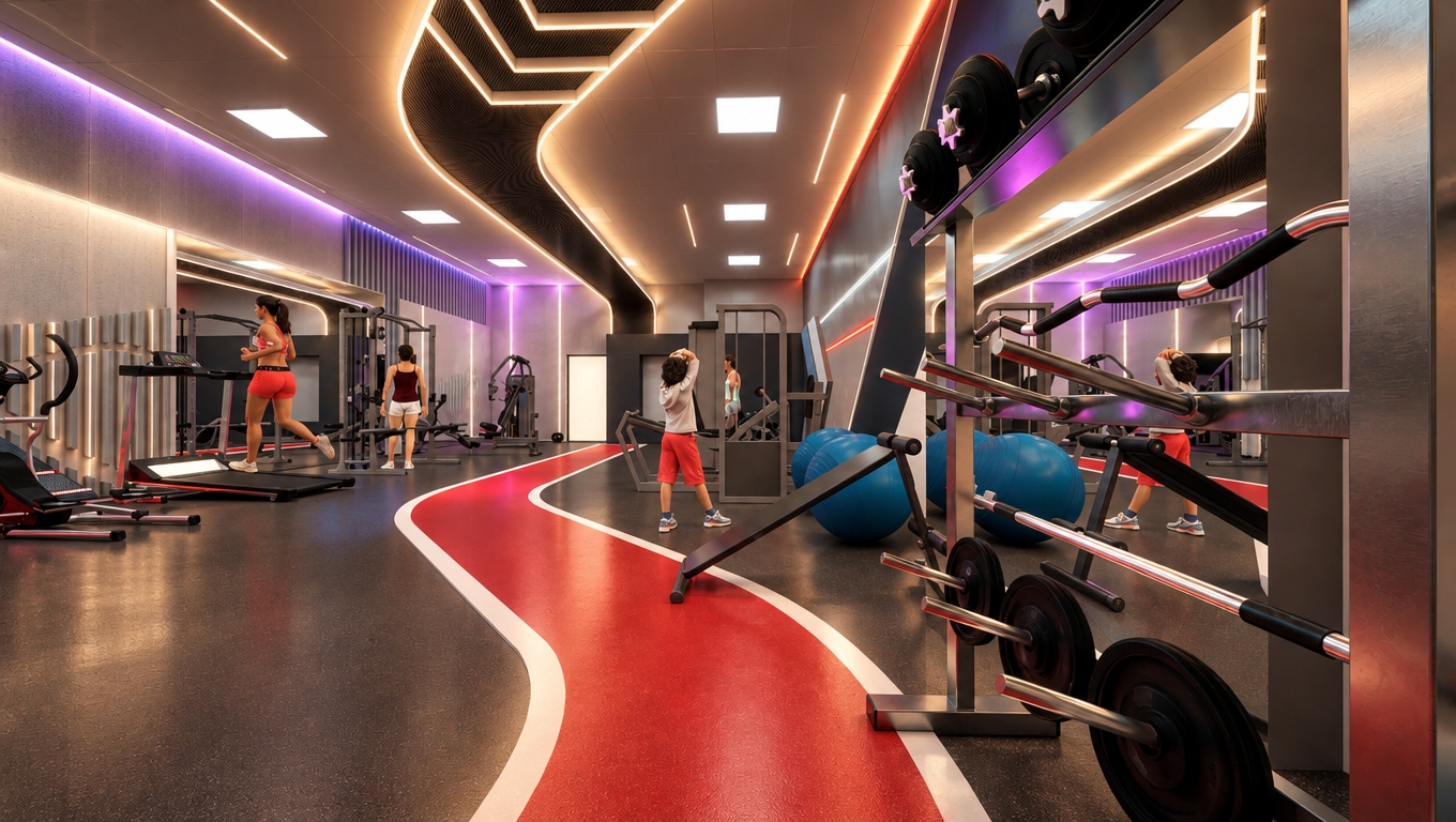 An incredibly lifelike, richly detailed, photorealistic wide-angle interior shot of a contemporary high-end women’s fitness club set in a sophisticated, urban athletic environment. The scene is illuminated by a complex, multi-layered lighting design that harmonizes existing recessed 60x60 square ceiling panels with a dynamic, fluid architectural lighting scheme; soft, warm ambient glows trace the sweeping, organic black ceiling coffers, while subtle cool-toned grazing lights emphasize the texture of the wall paneling, creating a rhythmic sense of motion that mirrors the vivid red synthetic running track winding through the center of the space. Captured with a Phase One XF IQ4 medium format camera using a 24mm wide-angle lens, the composition achieves a perfect balance of deep, velvety shadows and crisp, high-contrast highlights on the brushed stainless steel and matte black gym equipment. The atmospheric lighting creates an energetic yet refined mood, with the polished flooring and expansive mirrored walls reflecting the vibrant, diffused neon-hued accents, lending an ethereal depth to the workout zones and grounding the entire space in a sense of premium, professional luxury.