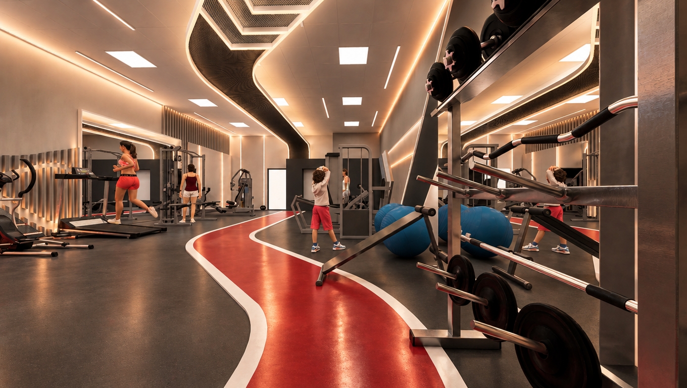 An incredibly lifelike, richly detailed, photorealistic wide-angle interior shot of a luxury women’s wellness fitness club set in a contemporary high-end urban space. The scene is illuminated by a sophisticated, multi-layered lighting design that harmonizes the existing functional 60x60 square ceiling panels with a warm, amber-hued indirect glow that emanates from hidden coves, adding a profound sense of depth and volume to the geometric ceiling architecture. Captured with a full-frame sensor and a 24mm wide-angle lens, the image emphasizes the premium contrast between the matte charcoal flooring and the vivid, high-gloss crimson running track that sweeps through the space like a ribbon of energy. Elegant wall-grazing lights meticulously trace the subtle curves of the interior partitions, casting soft, diffused shadows that highlight the refined textures of the brushed metal equipment racks and the pristine, polished mirror surfaces. A balanced gradient of light, shifting from cool, crisp task illumination at the workout stations to a soft, feminine aura of warmth, creates a serene yet empowering atmosphere, with realistic specular reflections shimmering across the chrome weights and blue exercise balls, cementing a sense of exclusivity and sophisticated wellness.