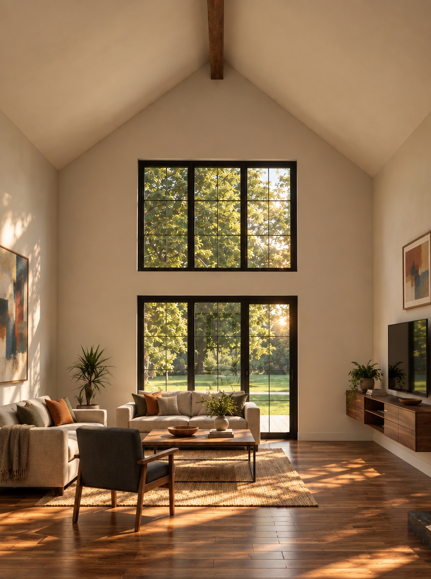 An incredibly lifelike, richly detailed, photorealistic interior photograph of a grand, vaulted living room set in a serene, nature-surrounded landscape. The scene is illuminated by warm, late-afternoon golden hour light, creating a serene and timeless atmosphere. Captured with a 35mm wide-angle lens, emphasizing the crisp contrast between the sleek black window frames and the creamy, earth-toned walls. This mid-century modern sanctuary features a minimalist aesthetic defined by clean, linear forms and an uncluttered floor plan that highlights the warmth of the natural walnut flooring and matching floating media console.
Organic elements are woven throughout the space, with lush indoor greenery breathing life into the room and rich teak accents grounding the mid-century decor. The seating arrangement—composed of structured sofas in muted, earthy textures and a refined charcoal armchair—centers perfectly around a low-profile coffee table. On the walls, subtle abstract art pieces introduce thoughtful touches of muted blues and burnt oranges, punctuating the neutral canvas with sophisticated color. The towering floor-to-ceiling window arrangement frames the verdant exterior like a living painting, drawing the viewer’s eye toward the dappled sunlight playing across the wood floors, evoking a sense of calm, functional elegance.