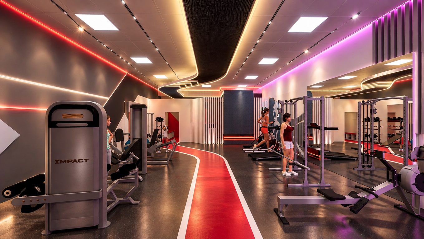 An incredibly lifelike, richly detailed, photorealistic wide-angle interior shot of a premium women’s fitness club set in a contemporary urban facility. The scene is illuminated by a sophisticated, layered lighting scheme that harmonizes the functional 60x60 square ceiling panels with warm, recessed indirect cove lighting that traces the undulating curves of the overhead bulkhead, creating a soft, ethereal glow against the dark textured ceiling inserts. Captured with a high-end full-frame camera and a 24mm tilt-shift lens, the composition emphasizes the vibrant red running track that cuts through the space, acting as a visual anchor that draws the eye into the depth of the gym. Dynamic directional accent lights are precisely angled to highlight the chrome and matte-black surfaces of the "IMPACT" strength training machines, while subtle magenta and soft-white linear light gradients subtly guide the flow of movement, casting long, soft shadows that lend a sense of architectural depth and three-dimensional volume to the floor. The environment exudes an energetic yet elegant atmosphere, where the reflective quality of the floor surfaces mimics the polish of a high-end studio, and the play of light against the sleek white vertical slats and floor-to-ceiling mirrors creates a seamless transition between the training zones, making the entire facility pulse with a refined, motivating rhythm.