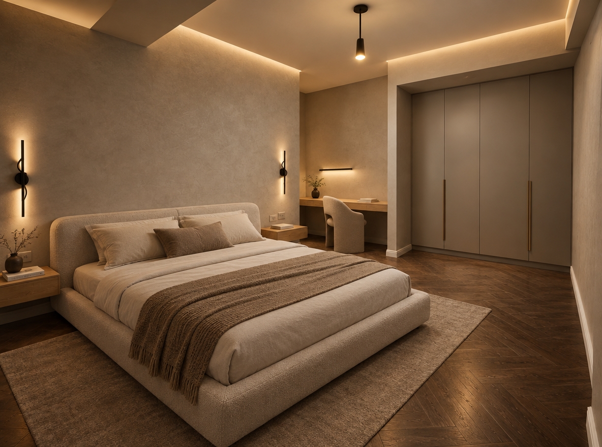 An incredibly lifelike, richly detailed, photorealistic wide-angle interior shot of a serene master bedroom transformed into a minimalist haven set in a contemporary luxury apartment. The scene is illuminated by soft, warm architectural cove lighting and the gentle glow of modern black linear sconces, creating a peaceful, cocoon-like atmosphere. Captured with a full-frame 24mm tilt-shift lens, emphasizing the rich, brushed texture of the deep-toned herringbone parquet flooring and subtle micro-cement wall finishes.
Along the textured left accent wall, a low-profile Japanese-inspired platform bed in oat-toned bouclé sits centered between the black sculptural sconces. Directly forward, a bespoke floating writing desk in solid light oak with an ergonomic, curved minimalist chair creates a quiet workspace. The recessed architectural niche on the right is elegantly enclosed with seamless, floor-to-ceiling built-in wardrobe panels finished in matte greige lacquer and concealed integrated vertical brass handles, leaving the spatial layout utterly uncluttered and harmoniously balanced.
