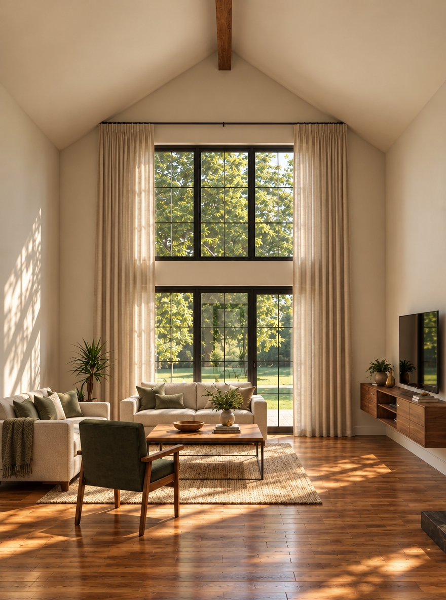 An incredibly lifelike, richly detailed, photorealistic wide-angle interior photograph of an elevated mid-century modern living room set in a tranquil, sunlit countryside retreat. The scene is illuminated by golden late-afternoon sunlight streaming through double-stacked black gridded windows, creating a serene, inviting, and sophisticated atmosphere. Captured with a 35mm architectural lens, emphasizing the tactile textures of flowing floor-to-ceiling oatmeal linen curtains that frame the grand window wall, rich honey-toned hardwood planks, and the rustic exposed ceiling beam above. Reimagined with iconic mid-century aesthetics, the space features a low-profile cream bouclé sofa paired with rich walnut and moss-green velvet lounge chairs surrounding a sculptural teak coffee table on a layered wool geometric rug. The floating walnut media console is styled with minimalist ceramics and brass accents, perfectly balancing scale and human comfort against the dramatic vaulted architecture and verdant canopy outside.