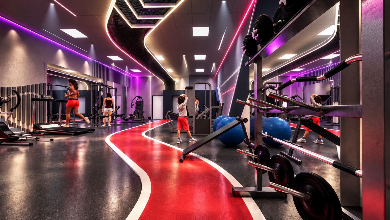 An incredibly lifelike, richly detailed, photorealistic interior shot of a high-performance, futuristic women’s functional training gym set in a premium urban sports facility. The scene is illuminated by a sophisticated, high-contrast lighting system that blends clean 60x60 recessed ceiling panels with powerful, precision-engineered directional spotlights, creating a dynamic, high-energy atmosphere that emphasizes strength and fluid movement. Captured with a professional wide-angle lens, the composition highlights the dramatic interplay of light and shadow; crisp, cool-toned LED beams cut through the space to accentuate the matte steel equipment and the vibrant, high-friction red running track, while subtle, pulsing magenta and neon-rim accents are artfully integrated into the architectural ceiling channels to guide the eye through the training zones. The lighting design masterfully creates localized "focus pools" of brilliant clarity over the workout stations, ensuring that reflections on the polished floor surfaces are sharp and realistic, evoking the feeling of a world-class athletic arena. Depth of field is carefully managed to draw attention to the texture of the weights and the sleek, ergonomic lines of the training machines, resulting in an immersive, inspiring, and intensely professional environment that feels alive with potential and athletic rigor.