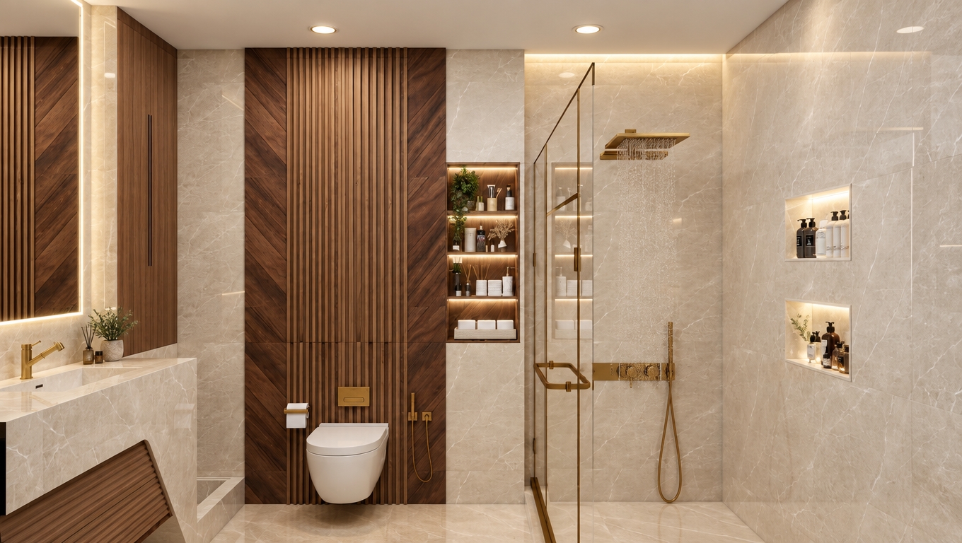 Photographed with an architectural interior lens, the modern bathroom is illuminated by balanced, soft ambient light casting a warm beige glow across the room without harsh sunbeams. Diffused illumination from the recessed ceiling downlights and warm niche LEDs evenly highlights the vertical slatted wood feature wall, honed beige marble surfaces, and brushed bronze hardware. Realistic physical textures define the scene, showcasing authentic specular reflections on the glass shower panel, tactile wood grain, subtle gloss on the porcelain fixtures, and natural subsurface scattering on the tiles, completed by a faint, cohesive film grain.