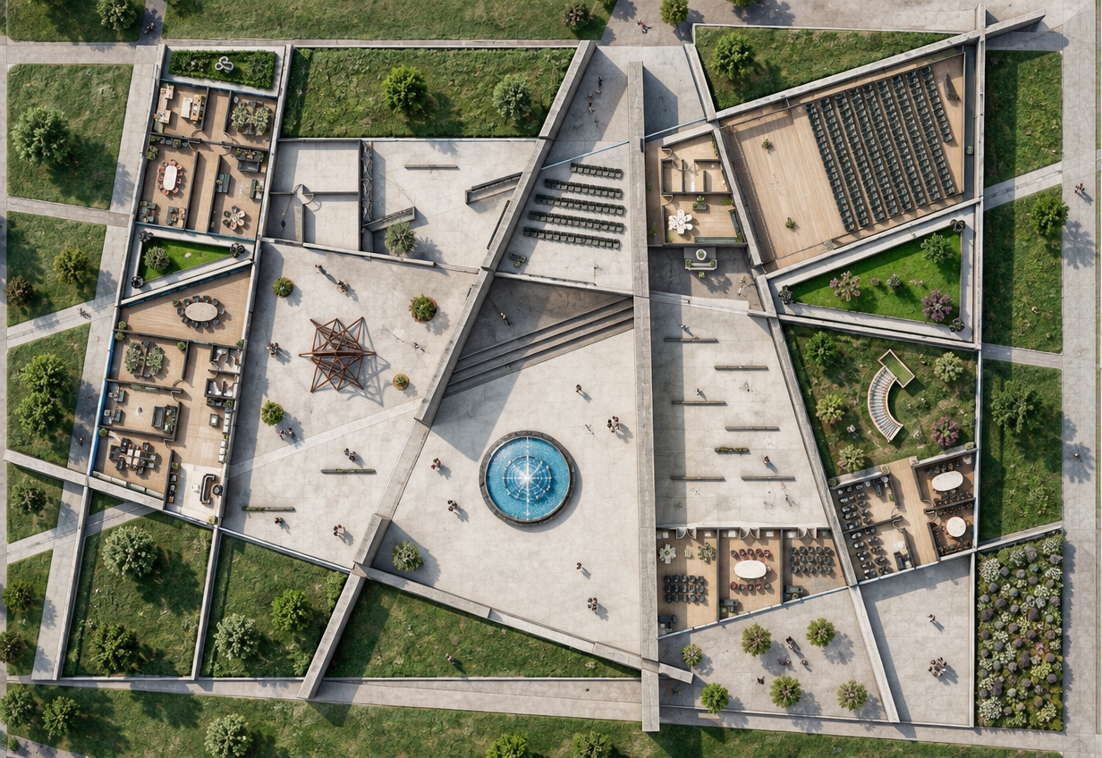 An orthographic, top-down architectural photograph of the cultural center plan, maintaining its exact geometry and layout. Bright, natural overhead sunlight casts soft, short shadows from the angular walls and structures to establish depth. Surfaces are rendered with photorealistic materials, including textured concrete pavers, lush green grass in the designated landscape pockets, and clear rippling water in the circular central fountain. Interior rooms feature authentic finishes such as timber flooring and fabric-upholstered seating. Captured with sharp edge-to-edge focus, neutral daylight color temperature, and realistic surface micro-textures.
