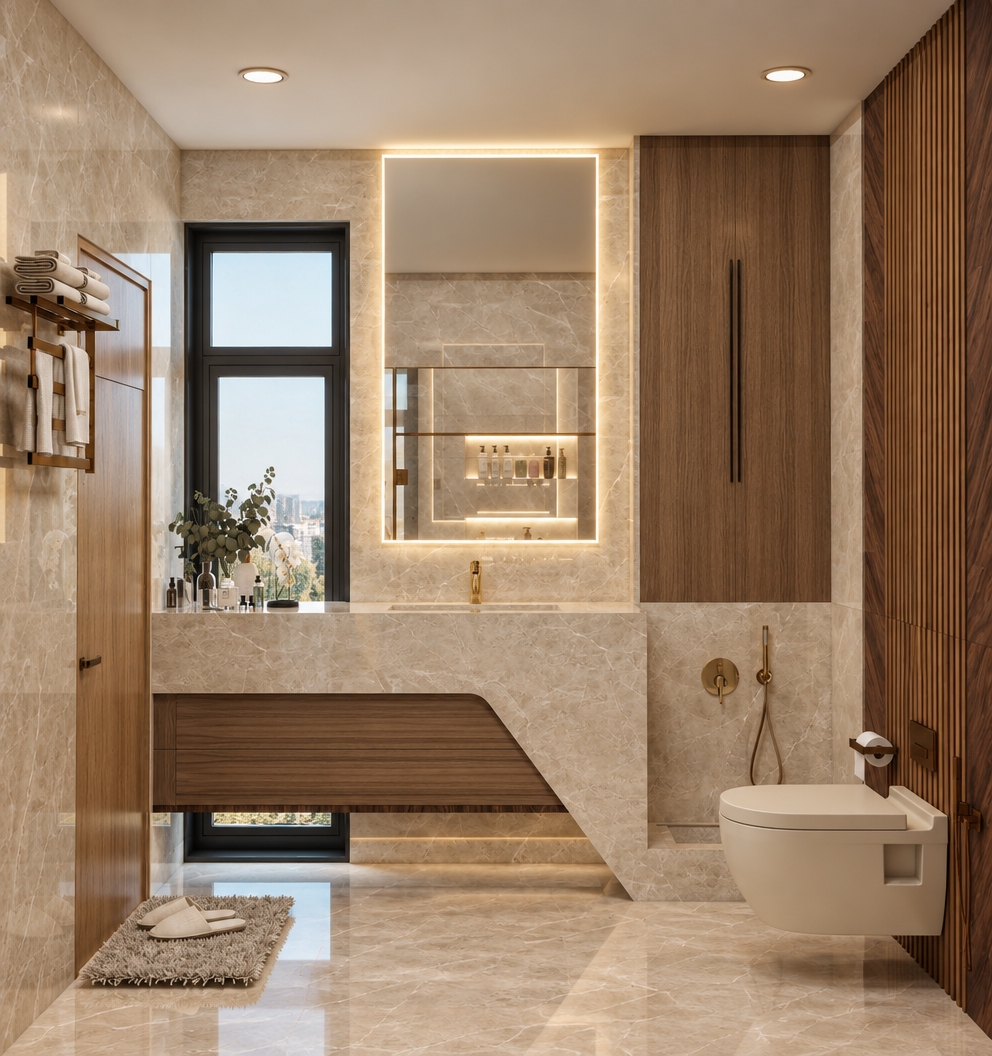 A professional architectural photograph capturing the exact bathroom layout with soft, balanced illumination and a cohesive, warm beige palette. Ambient daylight filters gently through the vertical window without direct sunbeams, harmoniously blending with the warm 3000K glow from the backlit mirror and recessed ceiling lights. The polished beige marble surfaces, fluted walnut paneling, and matte brass hardware display authentic physical textures, natural reflections, and subtle micro-imperfections. Shot on a 35mm tilt-shift lens with a balanced dynamic range, rich neutral midtones, faint camera sensor grain, and soft ambient occlusion shadows throughout the entire space.