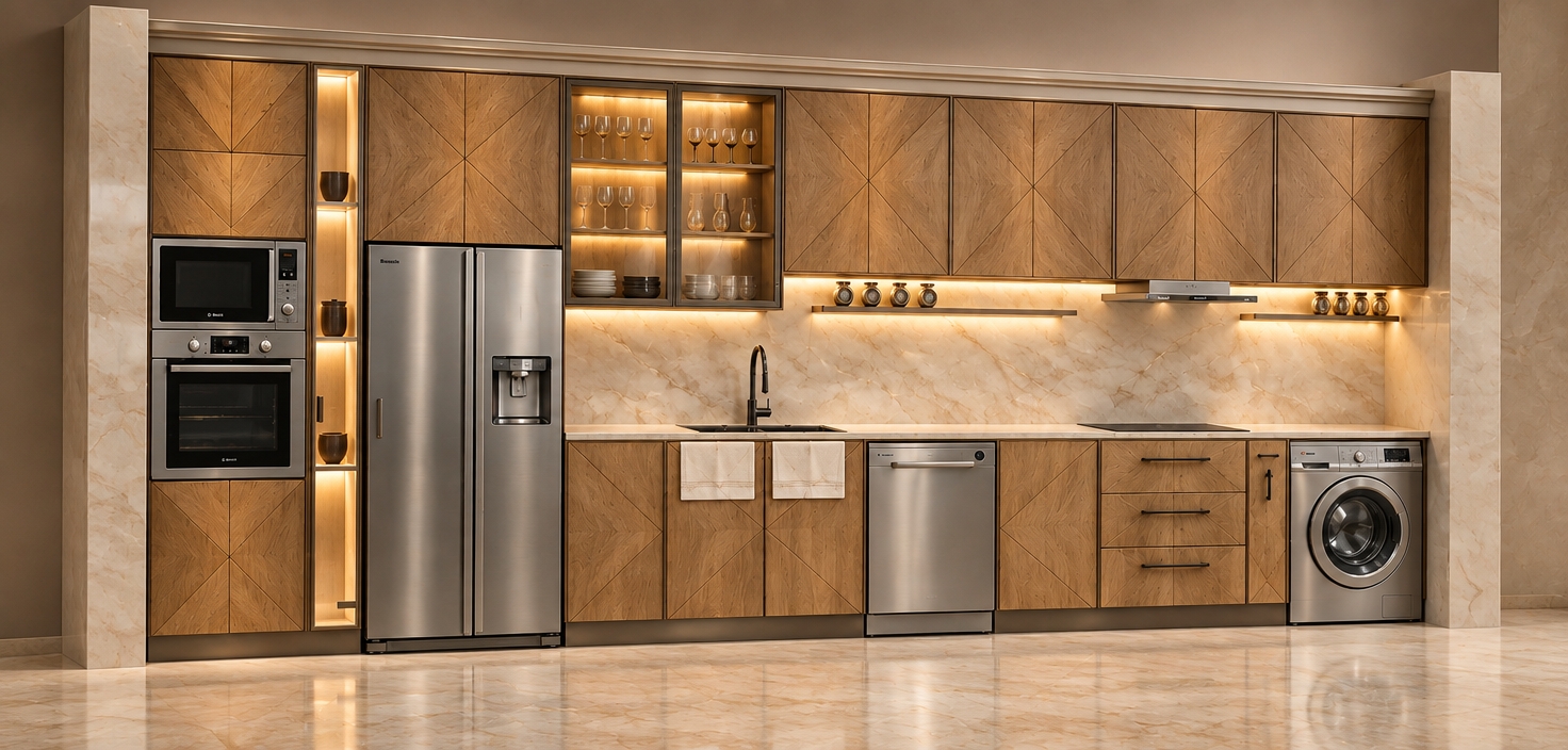 An incredibly lifelike, richly detailed, photorealistic eye-level kitchen interior photo of a bespoke Art Deco-inspired culinary wall set in a luxurious, high-end residence. The scene is illuminated by warm, diffused under-cabinet LED strip lighting and subtle interior cabinet spotlights, creating a sophisticated and glamorous atmosphere. Captured with a 35mm lens, emphasizing the rich, honey-toned oak cabinetry that features bold, geometric cross-hatch grain patterns, perfectly juxtaposed against the cold, industrial precision of brushed stainless steel appliances. The composition is masterfully symmetrical, anchored by a seamless cream-colored marble backsplash that catches the soft ambient glow, while the display shelving showcases elegant glassware reflecting the room’s polished surfaces. The design exudes an extravagant, streamlined aesthetic typical of modern Art Deco, with matte black hardware providing a chic, graphic contrast to the natural wood warmth. The spatial relationship between the integrated appliances and the cabinetry is flawless, suggesting a high-performance workspace that doubles as a centerpiece of interior design, further elevated by the refined texture of the lacquered finishes and the intentional absence of clutter, allowing the ornate wood patterns and jewel-toned highlights in the subtle decor to command the viewer's attention.