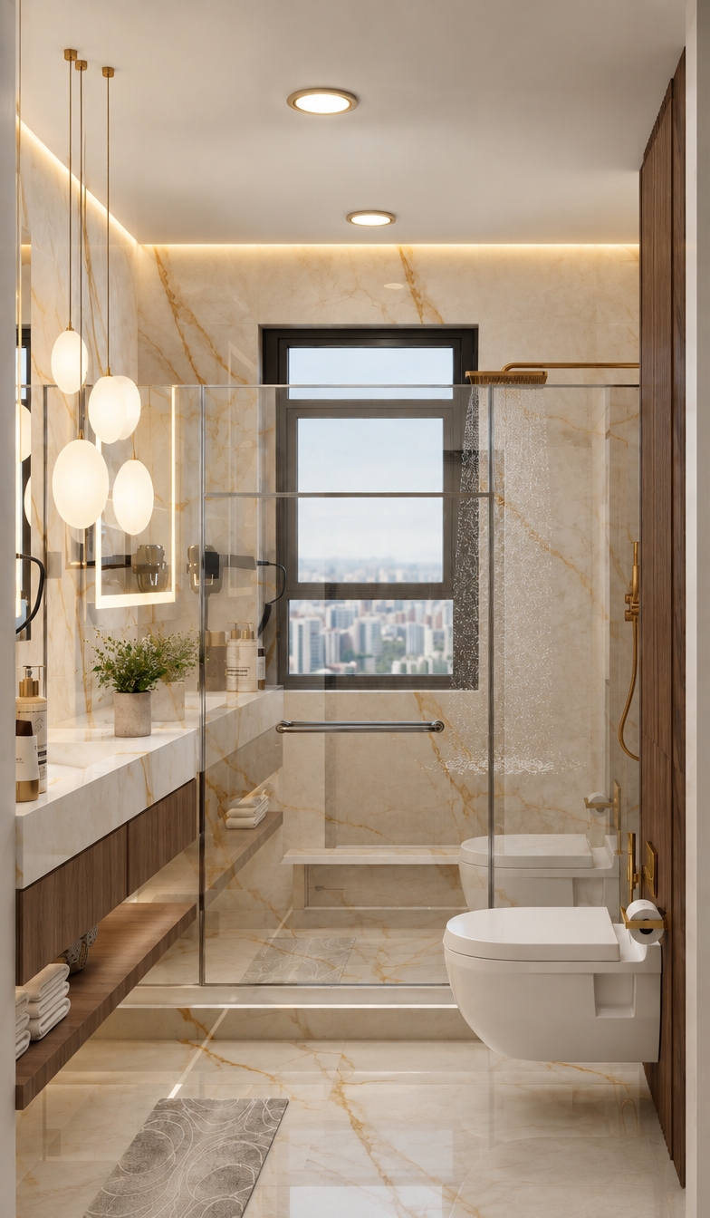 A photorealistic architectural photograph capturing the identical bathroom layout and composition, rendered with balanced, softly diffused lighting and warm beige undertones. Even, indirect daylight filters through the window without direct sunbeams, harmonizing smoothly with the warm 3000K glow from the pendant lights, mirror backlighting, and ceiling fixtures. The polished gold-veined marble, clear glass partition, and rich wood panels exhibit realistic surface micro-textures and soft specular highlights. Shot on an architectural tilt-shift lens with balanced exposure, neutral contrast, and pristine photographic realism.