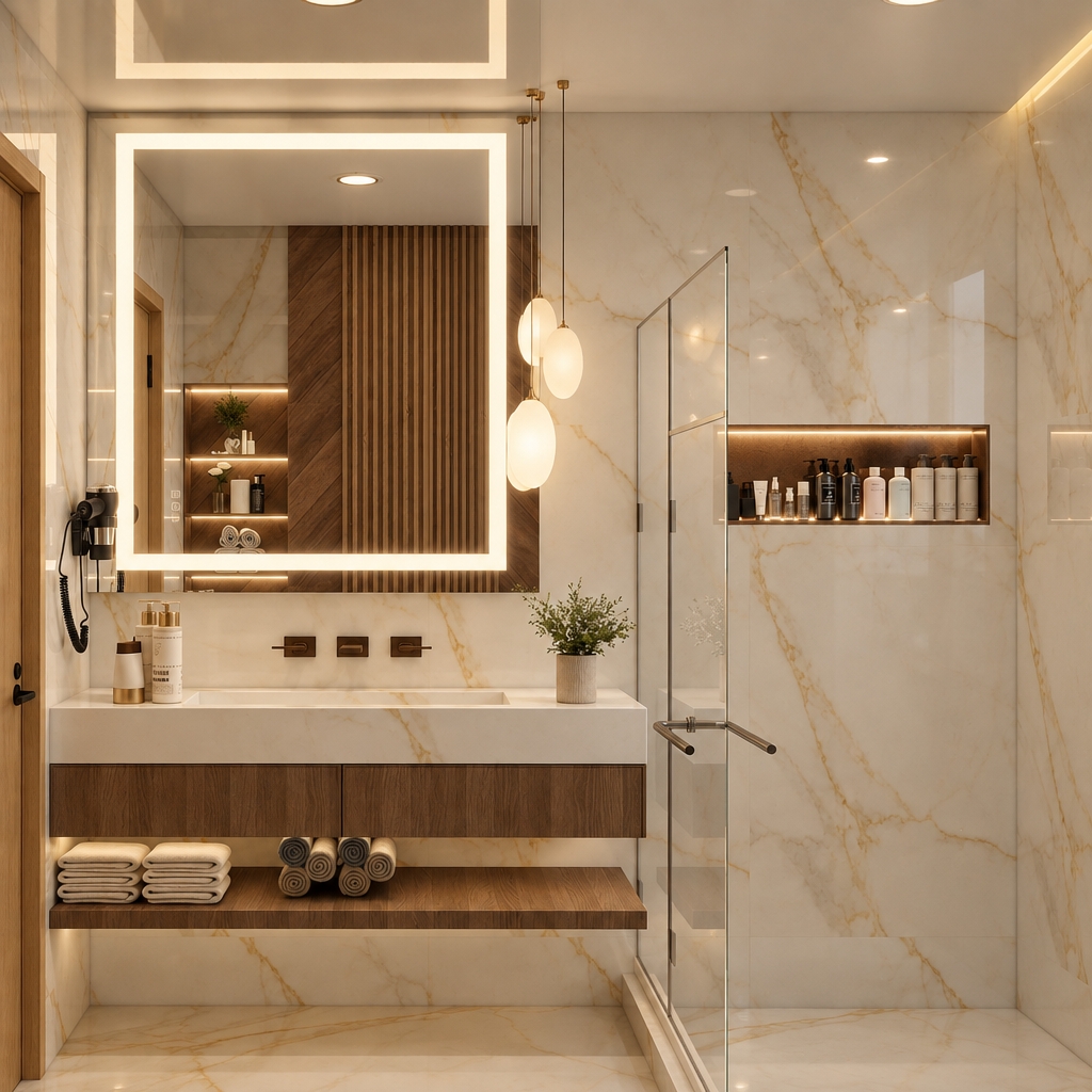 A professional architectural photograph of the bathroom rendered with balanced, warm ambient lighting that casts soft beige tones evenly across the space without any direct sunrays. The illumination from the backlit mirror, glowing pendant lights, and recessed shelf strip creates a cozy 3200K ambient fill, avoiding overexposed hotspots. The exact geometry, layout, and materials are preserved with photorealistic tactile depth: delicate reflections on the polished marble tiles, natural matte grain on the wooden vanity, transparent glass refractions, and subtle micro-textures on the towels and toiletries. Captured cleanly on an architectural 35mm lens with balanced exposure, gentle falloff, and natural sensor grain.