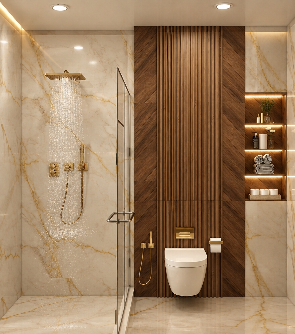 A warm, evenly lit architectural photograph preserving the exact bathroom layout and composition, illuminated with balanced, soft 3200K interior ambient lighting and gentle beige undertones without harsh sunbeams. The scene features authentic material physics, highlighting tactile wood grain on the central fluted accent panel, soft reflections across the gold-veined marble surfaces, and natural water droplet dispersion from the brass showerhead. Diffused illumination from the ceiling fixtures and recessed shelf LEDs creates balanced exposure across the wall-hung toilet and glass partition, complemented by subtle surface micro-textures, gentle lens falloff, and natural photographic sensor grain for pure realism.