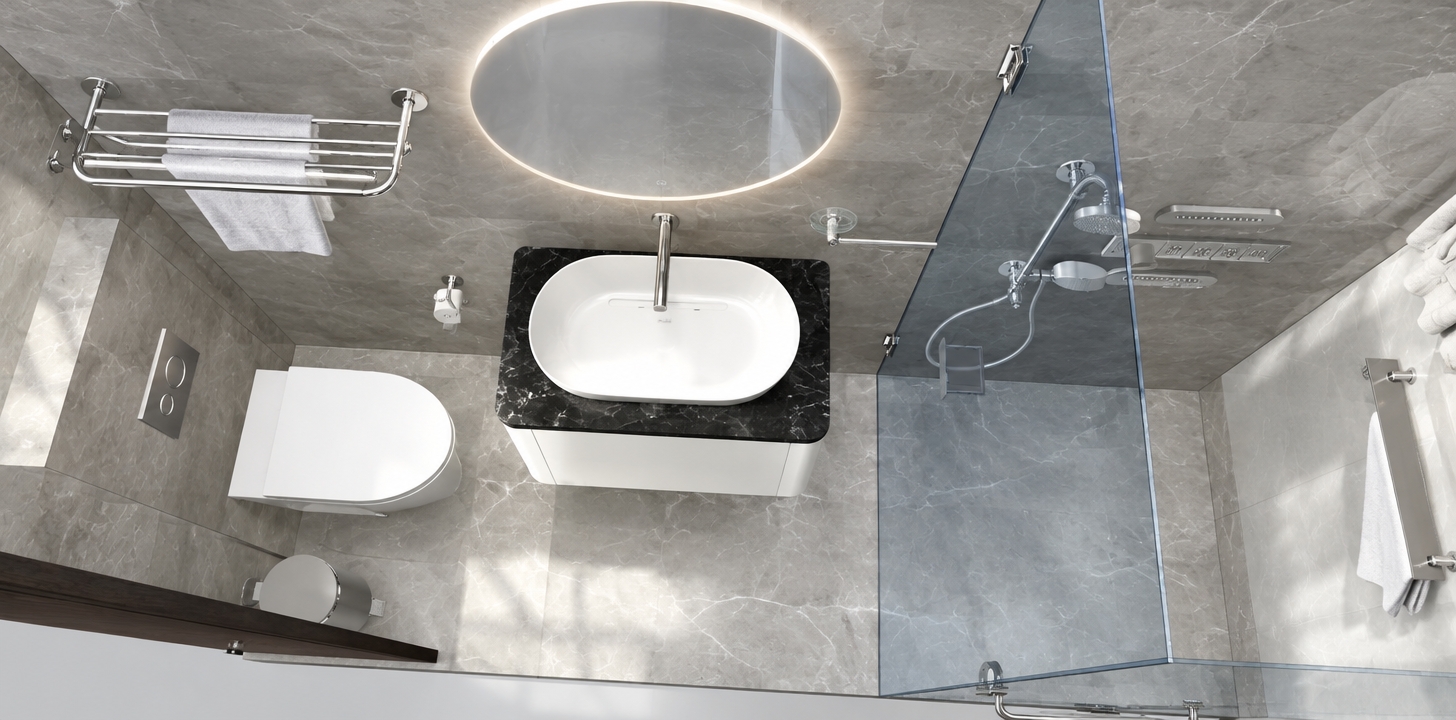 An incredibly lifelike, richly detailed, photorealistic top-down architectural shot of a contemporary bathroom suite set in a minimalist haven. The scene is illuminated by crisp, soft midday light filtering through a nearby aperture, creating a serene, spa-like atmosphere. Captured with a 24mm wide-angle lens, emphasizing the cool-toned, large-format grey marble tile textures and the sleek, polished chrome finishes of the Kohler collection.
The composition highlights a luxurious Kohler Forefront vanity topped with a striking black marble counter, positioned beneath the brilliant, diffused glow of a Vitality 76.2 lighted mirror. To the left, the wall-mounted Veil toilet maintains a clean floor line, complemented by the refined Eolia towel shelf and matching toilet brush holder. The design flows seamlessly into the shower area, defined by an elegant, translucent glass partition and the sophisticated Statement oblong body spray system. Every detail, from the Avid series towel ring and robe hooks to the subtle placement of the complementary glass soap dish, reflects a curated, high-end design intent. The perspective provides a perfect balance between the functional layout and the premium materiality of the fixtures, evoking a sense of refined, airy calm.