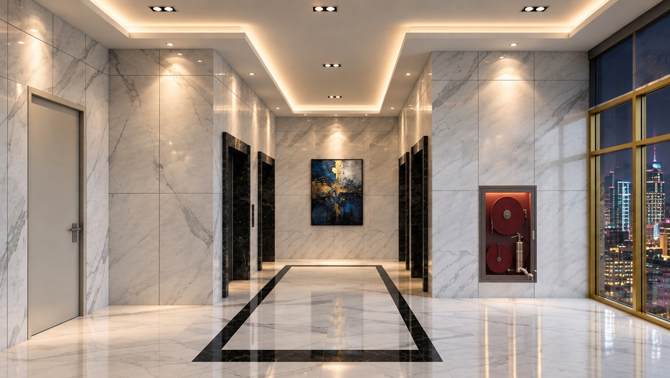 An incredibly lifelike, richly detailed, photorealistic interior shot of a sophisticated hotel lobby set in an urban environment at night. The scene is illuminated by soft, diffused cove lighting and warm recessed spotlights, creating a serene, minimalist haven atmosphere. Captured with a wide-angle 24mm lens, emphasizing the cool, crisp textures of book-matched white marble wall panels and the deep, high-gloss veins of the dark marble floor inlays.

This streamlined space exudes a Zen-inspired elegance through its monochromatic palette of whites and grays, punctuated by the bold, abstract wall art that serves as a subtle focal point. The composition is perfectly symmetrical, drawing the eye toward the elevator banks framed in obsidian stone. To the right, floor-to-ceiling windows with brushed gold frames offer a glimpse of the glowing city skyline, while the clutter-free, polished surfaces reflect the gentle glow of the ceiling light. The environment feels both functional and luxurious, with the fire safety cabinet seamlessly integrated into the pristine wall architecture, embodying a modern, uncluttered design philosophy.