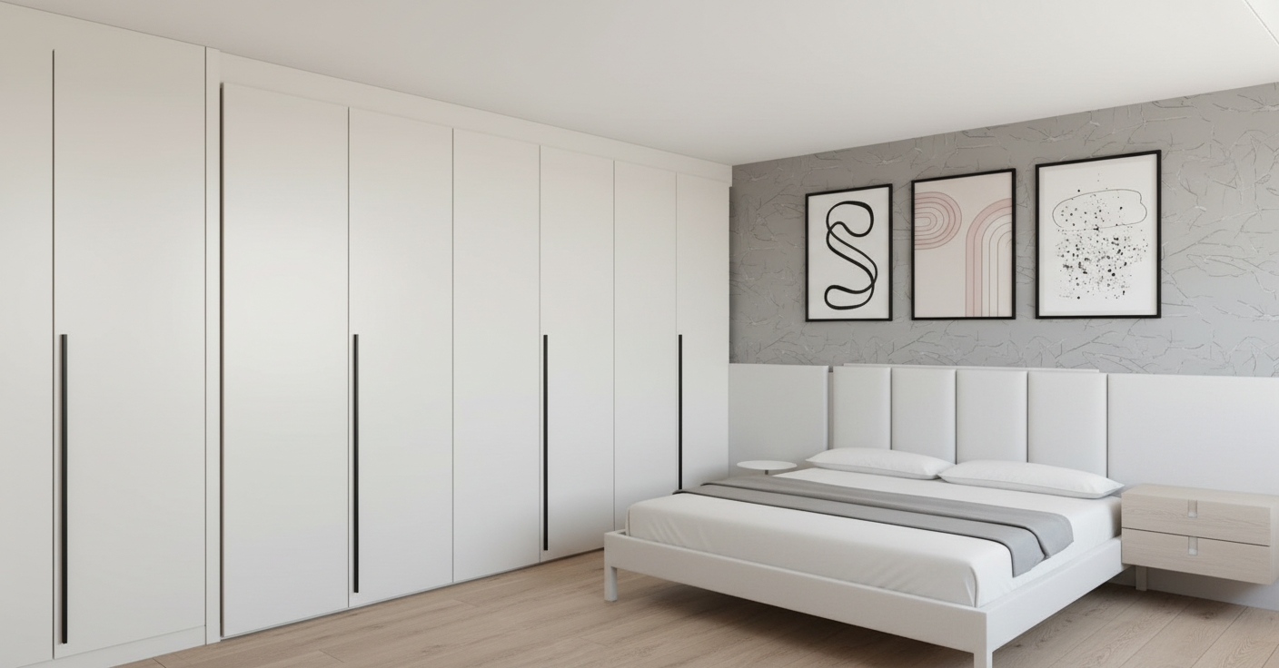 An incredibly lifelike, richly detailed, photorealistic interior shot of a minimalist master bedroom set in a tranquil, contemporary home. The scene is illuminated by soft, diffused morning light, creating a serene and zen-inspired atmosphere. Captured with a 35mm lens, emphasizing the crisp textures of the smooth matte-finish wardrobe panels, the organic grain of the light oak flooring, and the tactile quality of the grey branch-patterned feature wall.

The composition centers on a streamlined, low-profile bed with crisp white linens, flanked by an elegant, clutter-free bedside table. Above the headboard, a curated triptych of abstract wall art in soft pastel tones adds a touch of sophisticated color, while the expansive floor-to-ceiling wardrobe provides a clean, monolithic presence that defines the room’s modern functionality. The depth of field is shallow, drawing the eye toward the delicate details of the framed prints and the subtle, slim-line metal hardware on the cabinetry. Every element is intentionally placed to foster a sense of calm, with invisible storage ensuring the surfaces remain entirely uncluttered, reflecting a perfectly balanced and harmonious modern haven.