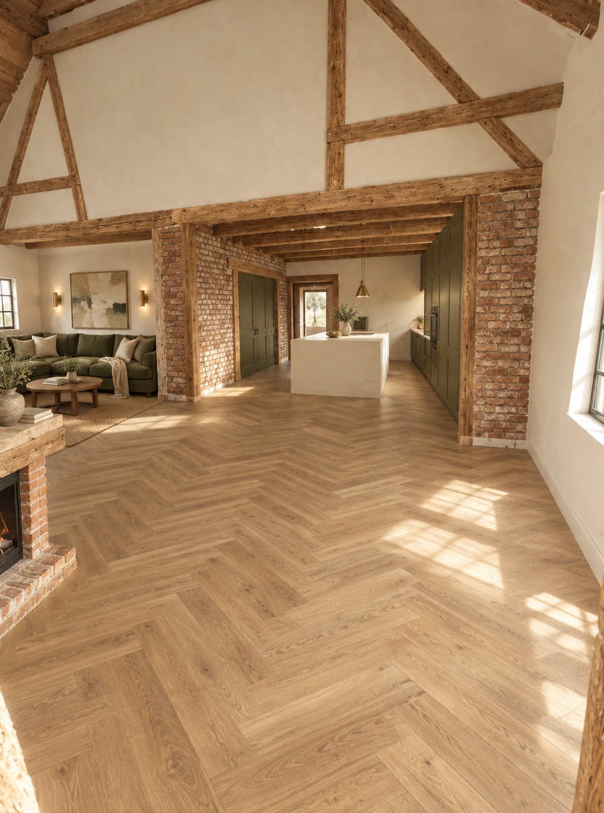 An incredibly lifelike, richly detailed, photorealistic wide-angle interior photograph of a spacious open-concept living room and kitchen set in a sun-drenched Mediterranean retreat. The scene is illuminated by bright, natural midday sunlight streaming through side windows and skylights, creating a warm, airy, and tranquil atmosphere. Captured with a professional camera and a 24mm architectural lens, emphasizing the exquisite grain of light oak herringbone parquet flooring, textured heritage red brick, and tactile matte surfaces. In the foreground and middle ground, the living area features a subtly protruding rustic brick fireplace along the left wall, complementing an inviting corner sectional sofa upholstered in deep olive green nestled into the left nook; behind it, a textured recessed wall features an elegant abstract canvas illuminated by warm minimalist brass sconces. The open floor plan extends seamlessly toward the rear, where a dedicated kitchen showcases a monolithic ecru-colored kitchen island. To the left of the island, the exposed brick wall is anchored by double olive-green wooden doors encased in substantial reclaimed timber framing, while the back wall retains its open passageway formed by exposed structural wooden beams, flawlessly balanced on the right by bespoke, floor-to-ceiling olive-green tall kitchen cabinetry, harmonizing rustic authenticity with refined contemporary Mediterranean luxury.