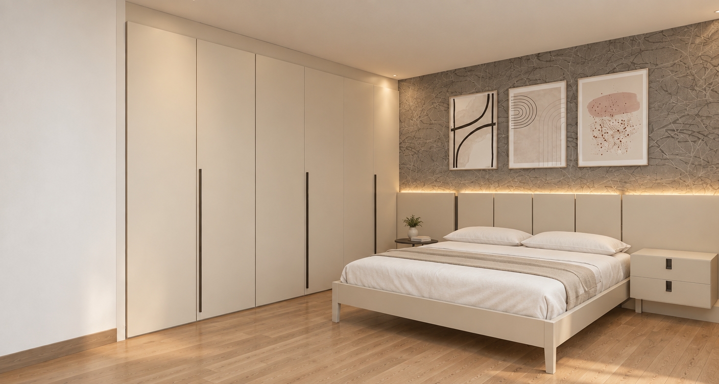 Photorealistic architectural photograph of the modern bedroom maintaining the exact composition, featuring three matte off-white wardrobe door fronts and a smooth, non-upholstered paneled headboard in an elegant neutral palette. Soft, warm ambient lighting is introduced into the scene, casting a gentle indirect architectural glow along the headboard and illuminating the textured grey accent wall. The light oak flooring exhibits authentic wood grain and subtle sheen, complemented by natural folds in the white linen bedding. Shot with a full-frame wide-angle interior lens, the image delivers balanced exposure, soft diffuse shadows, and sharp, clean photographic clarity.