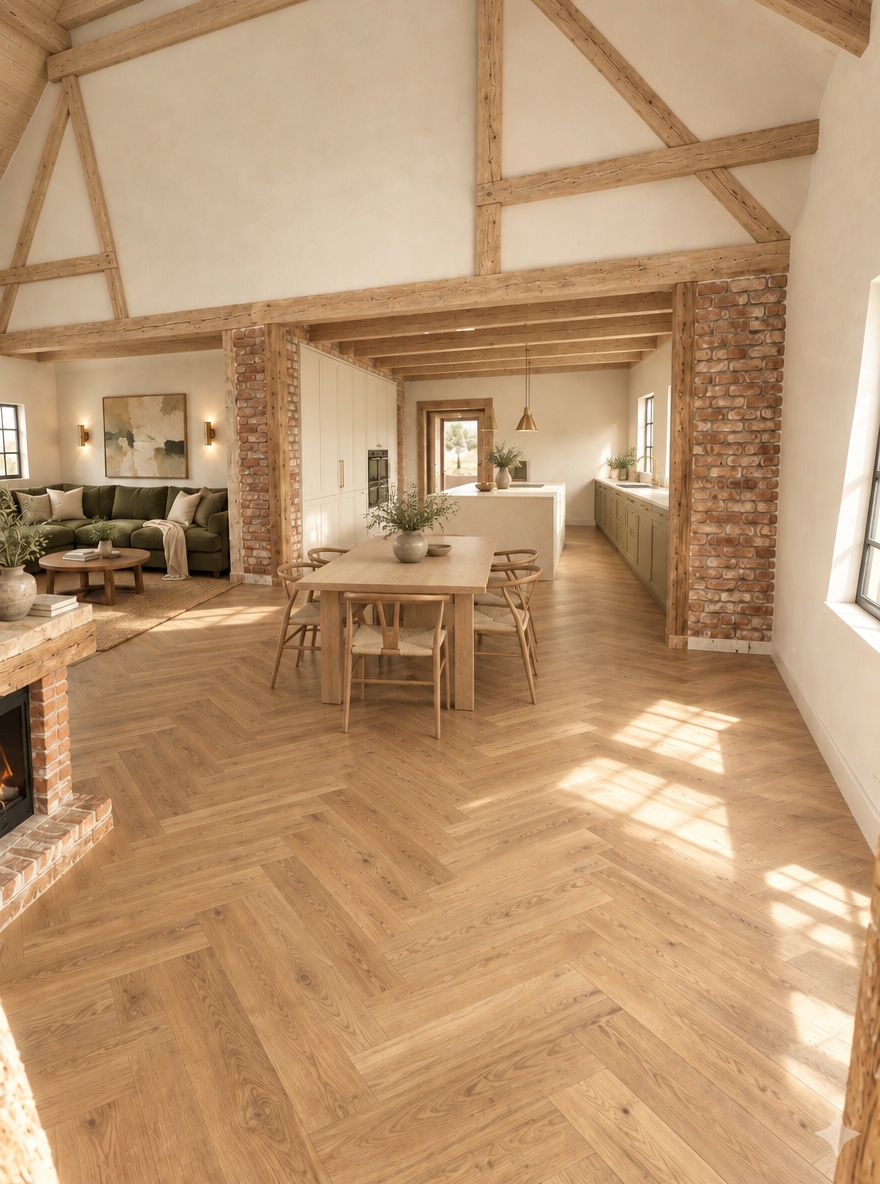 An incredibly lifelike, richly detailed, photorealistic wide-angle interior shot of a sun-drenched desert retreat set in an arid, tranquil landscape. The scene is illuminated by warm, golden-hour light streaming through the windows, creating a serene and inviting atmosphere. Captured with a 24mm wide-angle lens, the composition emphasizes the seamless flow between the rustic living area and the redesigned kitchen. In this iteration, the kitchen’s high cabinetry is elegantly integrated along the clean white wall adjacent to the open entryway, while a sophisticated low-profile cabinetry run aligns perfectly against the right-hand wall beneath two framed windows. A centerpiece island in a soft, buttery vanilla finish anchors the kitchen space, harmonizing with the newly updated ceiling structure, where the timber beams have been bleached to a lighter, ethereal oak tone that radiates natural warmth. Near the main entrance, a bespoke light-oak dining table paired with minimalist chairs serves as a welcoming focal point, grounding the open-plan layout. The tactile contrast between the rugged, reclaimed brick piers and the smooth, light-toned plaster walls is enhanced by the rich, honey-toned herringbone flooring that stretches across the entire space, catching the soft afternoon shadows and providing a sense of expansive, refined rustic luxury.