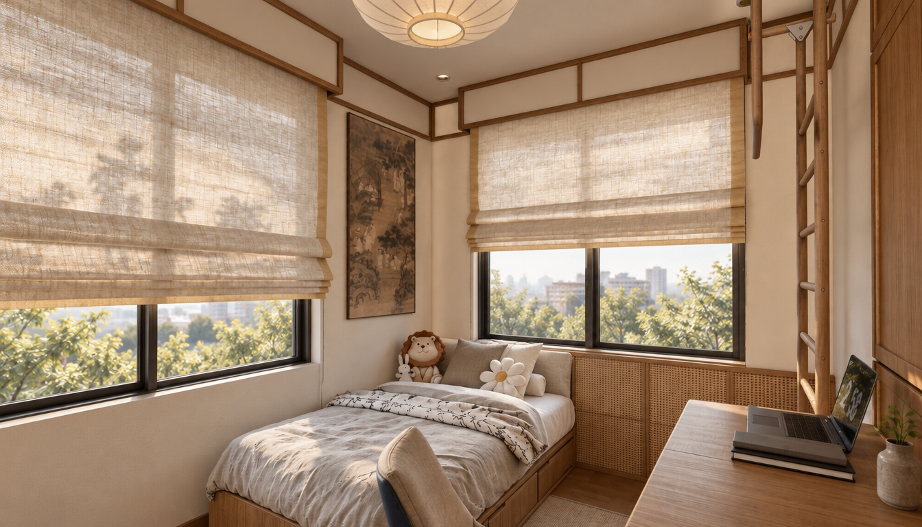 A photorealistic architectural interior photograph capturing the exact Japandi-style bedroom scene, shot with a wide-angle lens with natural depth of field. Soft, diffused daylight filters gently through the textured linen roman blinds, casting subtle ambient shadows across the rumpled cotton bedding and neutral walls. The materials exhibit realistic physical properties: authentic light wood grain on the bed base, desk, and ladder, delicate woven textures on the lower wall panels, fine fabric weave on the blinds and pillows, and gentle reflections on the laptop screen and window glass. Illumination is warm, balanced, and organic, with soft contact shadows grounding the furniture and creating an inviting, serene atmosphere free of digital stiffness.