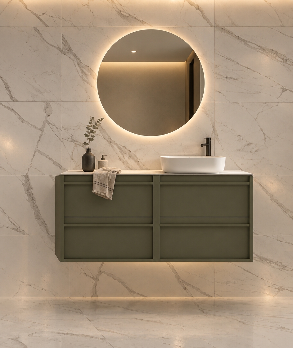 An incredibly lifelike, richly detailed, photorealistic interior eye-level shot of a minimalist bathroom vanity set in a serene, high-end residence. The scene is illuminated by soft, recessed perimeter lighting and a warm, directional glow from a hidden fixture, creating a tranquil and sophisticated atmosphere. Captured with a 35mm lens, emphasizing the crisp contrast between the rich, matte olive-toned cabinetry and the polished Statuario marble wall tiles with their striking, deep grey veining.

The composition centers on a sleek, wall-mounted vanity featuring a single refined white porcelain basin elegantly positioned to the right. Above, a large, perfectly circular frameless mirror catches the ambient light, providing a clean focal point. The minimalist aesthetic is elevated by curated decorative touches: a slender, matte-black ceramic vase holding a single dried eucalyptus sprig rests on the countertop, accompanied by a small, textured linen hand towel draped neatly at the side. The seamless integration of the marble tile patterns creates a sense of infinite, airy space, while the soft shadows beneath the vanity emphasize the floating design, grounding the composition in a masterclass of modern luxury.