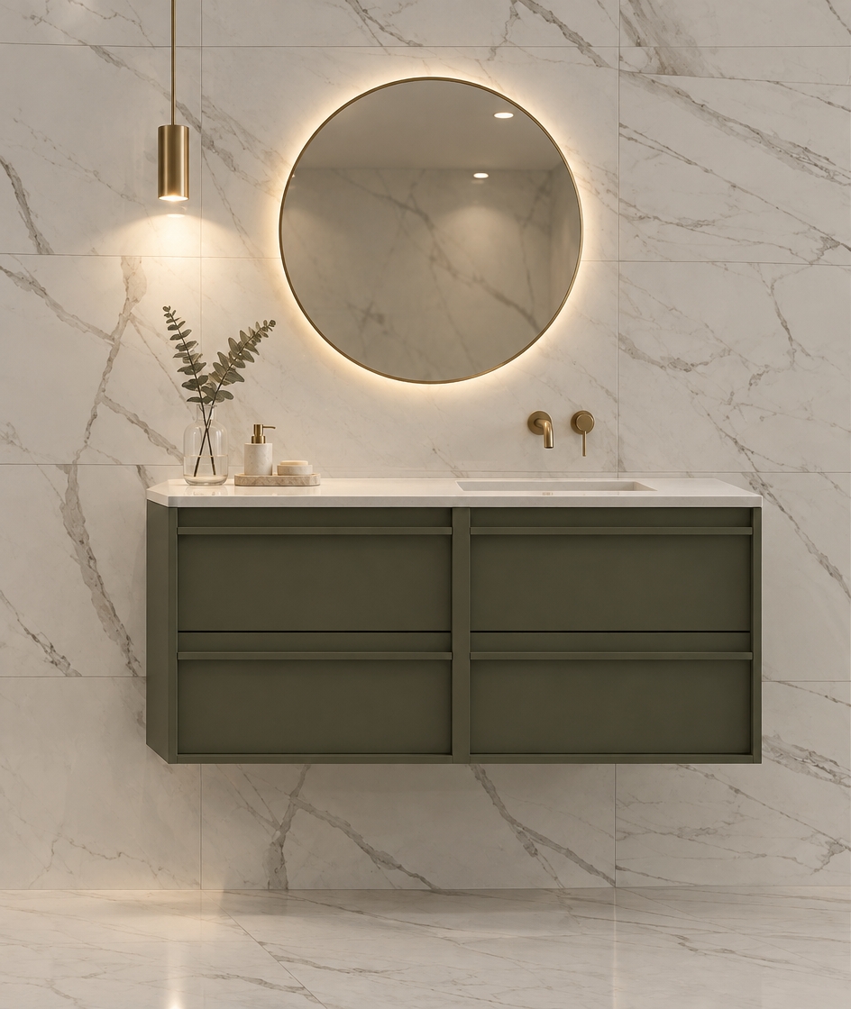An incredibly lifelike, richly detailed, photorealistic eye-level interior shot of a minimalist bathroom vanity set in a serene, high-end residence. The scene is illuminated by soft, diffused recessed lighting and a warm, directional pendant glow, creating a tranquil, sophisticated atmosphere. Captured with a 35mm lens, emphasizing the crisp contrast between the rich, matte olive-toned cabinetry and the cool, polished Calacatta marble wall tiles with their sweeping, dramatic grey veining.

A refined circular mirror with a thin, brushed-gold rim is centered above the vanity, reflecting a subtle, ethereal light. To the right, an elegant white undermount sink is integrated into the pristine, solid-surface countertop, paired with a sleek, minimalist wall-mounted faucet in a brushed champagne finish. The aesthetic is elevated by a slender, clear glass vase holding a single sprig of dried eucalyptus on the left side of the counter, adding an organic touch to the clean geometric lines. The composition is perfectly balanced, with the floating vanity anchored against the expansive marble backdrop, creating a sense of weightlessness and modern luxury. Every texture is rendered with exquisite precision, from the cool, high-gloss sheen of the marble to the soft, tactile depth of the sage-hued drawers.