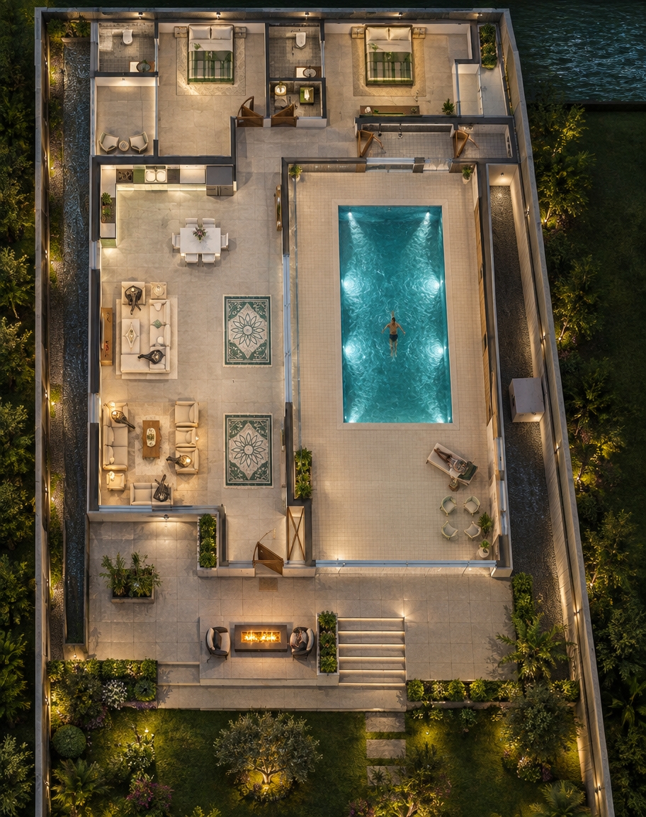 An incredibly lifelike, richly detailed, photorealistic wide-angle architectural interior photograph of a luxurious classical villa's ground floor living hall and outdoor terrace set in an exclusive private garden courtyard at night. The scene is illuminated by warm concealed perimeter ceiling LED cove lighting, subtle underwater turquoise pool glow, and the vibrant golden radiance of a modern outdoor fire pit, creating a serene and deeply sophisticated atmosphere. Captured with a professional full-frame camera and a 24mm tilt-shift lens, emphasizing the seamless grid lines of the polished 80 cm × 80 cm gray ceramic floor tiles, classical wall moldings, and crystal-clear floor-to-ceiling glass partitions. Through the transparent interior glazing, the indoor swimming pool glimmers with realistic water ripples where figures unwind in the resort-like wellness wing. Through the wide front terrace opening, the elevated terrace sits visibly 60 cm above the sunken green lawn, anchored by a sleek contemporary fire pit aligned precisely in front of the pool hall. Immediately flanking the fire pit, four clean-lined, 15 cm stone steps descend gracefully to the softly uplit summer garden below, uniting the refined classical interiors with the tranquil outdoor nightscape.