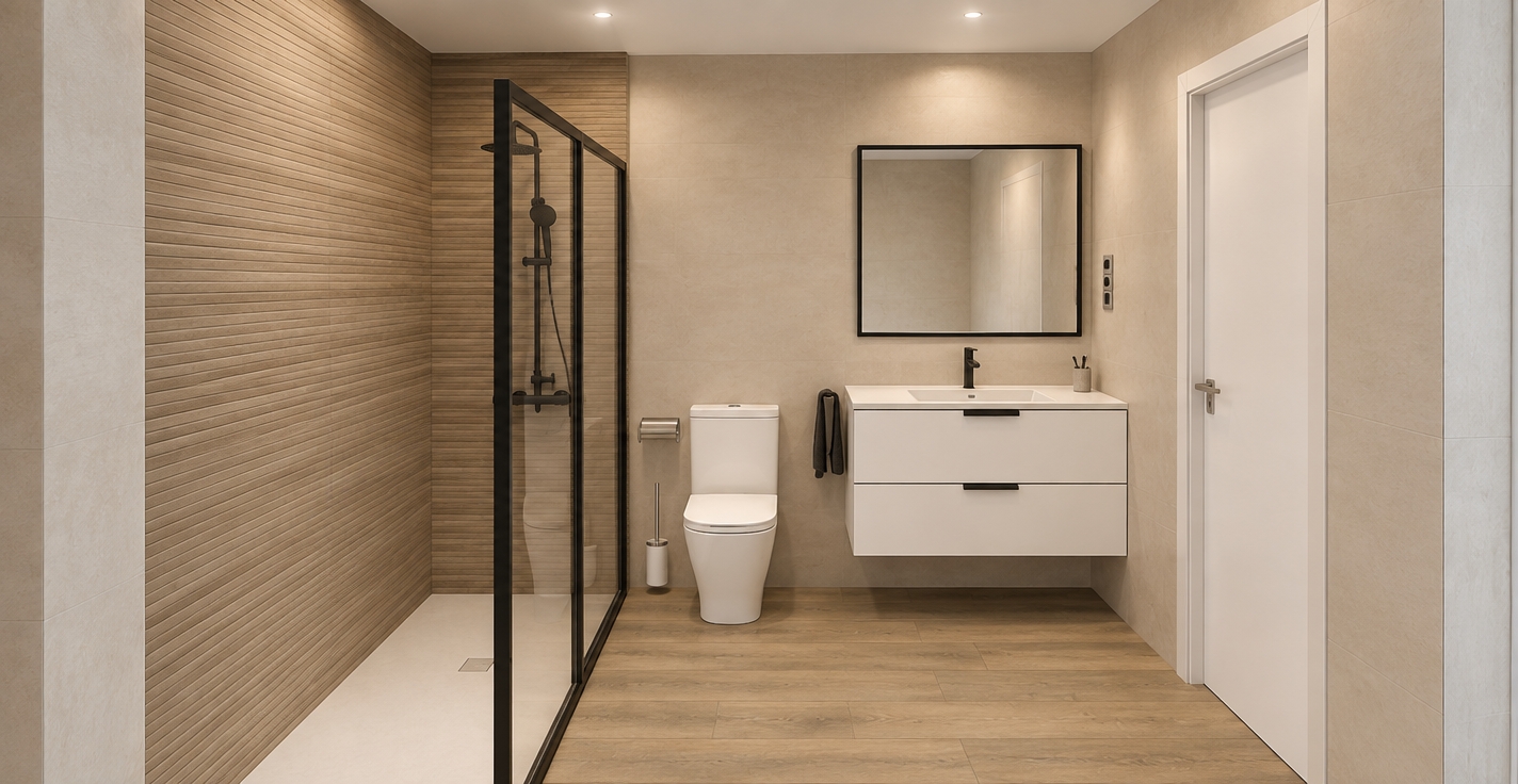 An incredibly lifelike, richly detailed, photorealistic wide-angle interior shot of a contemporary bathroom set in a minimalist urban home. The scene is illuminated by soft, diffused recessed ceiling lighting, creating a serene, spa-like atmosphere. Captured with a 24mm wide-angle lens, emphasizing the tactile, horizontal wood-grain texture of the feature shower wall contrasted against the smooth, matte sand-toned porcelain wall tiles and the warm, weathered oak flooring planks.

The composition centers on the elegant interplay between the sharp, matte black framework of the walk-in glass shower enclosure and the floating white vanity unit, which features sleek integrated hardware. A minimalist, black-framed mirror hangs perfectly aligned above the vanity, reflecting a clean and uncluttered space. Every element, from the slender black faucet to the wall-mounted toilet, is positioned to enhance the sense of openness and refined functionality, while soft, ambient shadows provide depth, grounding the fixtures within the space with architectural precision.