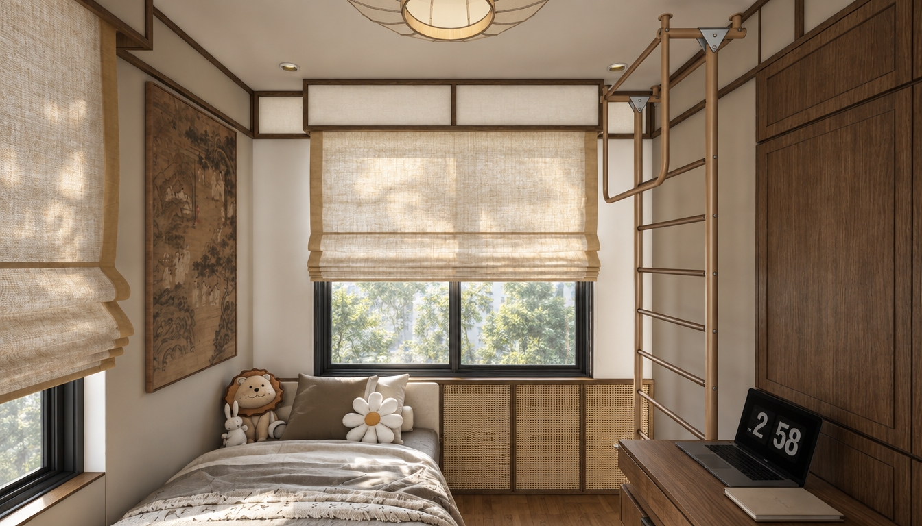 An architectural interior photograph of the compact Japanese-inspired room, capturing the exact layout, geometry, and materials with realistic lighting and depth. Soft daytime light diffuses naturally through the textured linen Roman shade, casting gentle, physically accurate shadows across the made bed and woven cabinetry accents. The dark timber joinery and desk feature authentic wood grain with realistic satin reflections, while the metal ladder exhibits subtle specular highlights. Materials—from the soft fabric textures of the bedding and cushions to the glass and laptop screen reflections—are rendered with tactile realism, captured through a wide-angle lens with balanced dynamic range and clean focus throughout.