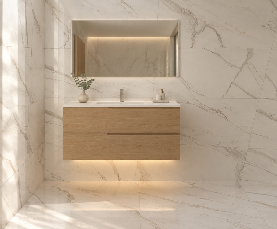 An incredibly lifelike, richly detailed, photorealistic eye-level interior shot of a serene, minimalist bathroom set in a high-end luxury residence. The scene is illuminated by soft, diffused morning light filtering through a hidden slot, creating a tranquil, spa-like atmosphere. Captured with a 35mm lens, emphasizing the crisp contrast between the warm, natural oak grain of the wall-mounted vanity and the polished, book-matched Statuario marble tiles that clad the walls and floor.

The vanity is perfectly centered within the frame, featuring a seamless white solid-surface countertop and integrated soft-close drawers. Above it, a sleek, frameless rectangular mirror reflects the subtle textures of the space. To enhance the minimalist aesthetic, a small, elegant ceramic vase with a single delicate eucalyptus sprig sits on the corner of the counter, while warm LED strip lighting tucked beneath the vanity casts a gentle glow, grounding the floating furniture. The composition highlights the geometric purity of the space, with the expansive veining of the marble providing a sophisticated, organic backdrop that flows uninterrupted across the walls, lending a sense of boundless, airy space to this modern sanctuary.