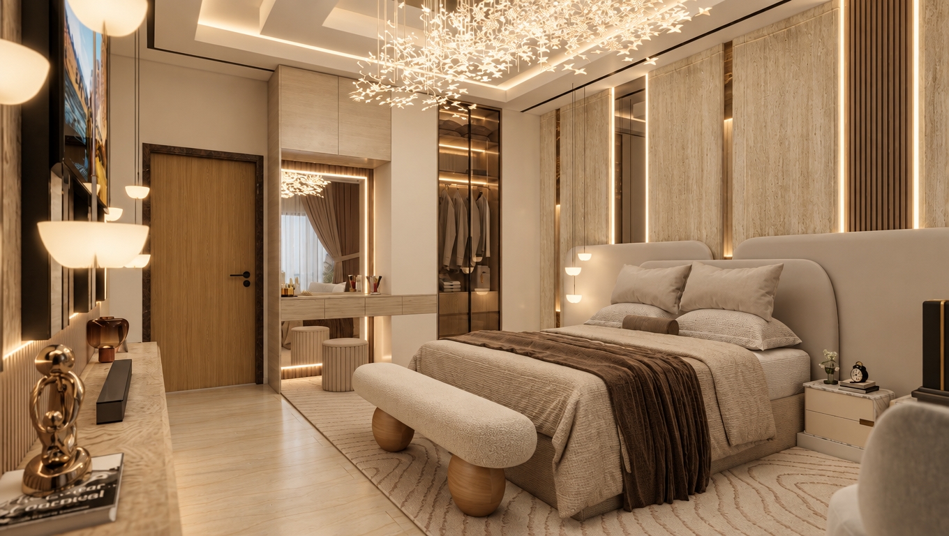 Architectural interior photograph of the modern bedroom captured with a wide-angle lens, strictly preserving the exact layout, geometry, and composition. The space is filled with balanced, warm ambient illumination around 3000K, softening the glow from the integrated vertical LEDs and ceiling chandelier into a gentle, non-glaring diffusion with no direct sunbeams. Tactile micro-textures are rendered with photographic clarity, accentuating the bouclé bench, crumpled linen bedding in warm beige tones, travertine wall cladding, and smooth wood surfaces. Subtle depth in the wardrobe glass reflections, gentle shadow falloff, faint film grain, and mild lens vignetting unify the scene into an authentic, softly lit photograph.