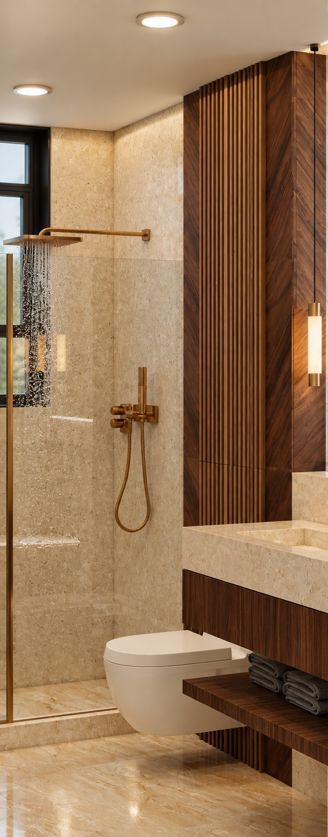 A photorealistic architectural photograph maintaining the exact scene geometry, bathed in soft, balanced ambient light with a warm beige palette and no harsh sunbeams. The interior illumination is evenly diffused, highlighting the tactile texture of the beige stone walls, the rich grain of the dark fluted wood, and the satin finish of the brass fixtures. Reflected warm light glimmers across the polished marble floor and glass partition with realistic micro-reflections, captured with a sharp full-frame lens, natural exposure balance, and subtle photographic grain.