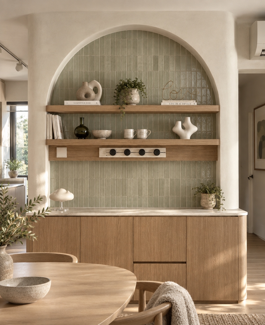 An incredibly lifelike, richly detailed, photorealistic eye-level shot of a tranquil Scandinavian sanctuary dining room set in an airy, modern residential interior. The scene is illuminated by soft morning sunlight filtering through expansive floor-to-ceiling windows, creating a serene, hygge-inspired atmosphere with gentle ambient warmth. Captured with a 35mm f/2.8 lens, emphasizing the tactile vertical ceramic wall tiles, rich matte timber grains, and plush bouclé textiles. 

At the center, the architectural arched niche is reimagined with vertical handcrafted tiles in soft ivory and muted sage green, framing floating light-oak shelves adorned with curated photography books, delicate ceramic stoneware, and subtle potted greenery. The lower curved sideboard in warm natural oak provides balanced grounding, topped with a honed limestone surface. Adjacent, an organic oval dining table with slender black metal legs is surrounded by minimalist ash wood dining chairs draped in cozy woolen throws. Nature-inspired minimalist wall art in gentle shades of white, cool gray, and earthy moss subtly adorns the surrounding lime-washed walls, while the open sightline out the large windows reveals a calm garden scape, marrying organic nature with clean, refined simplicity.