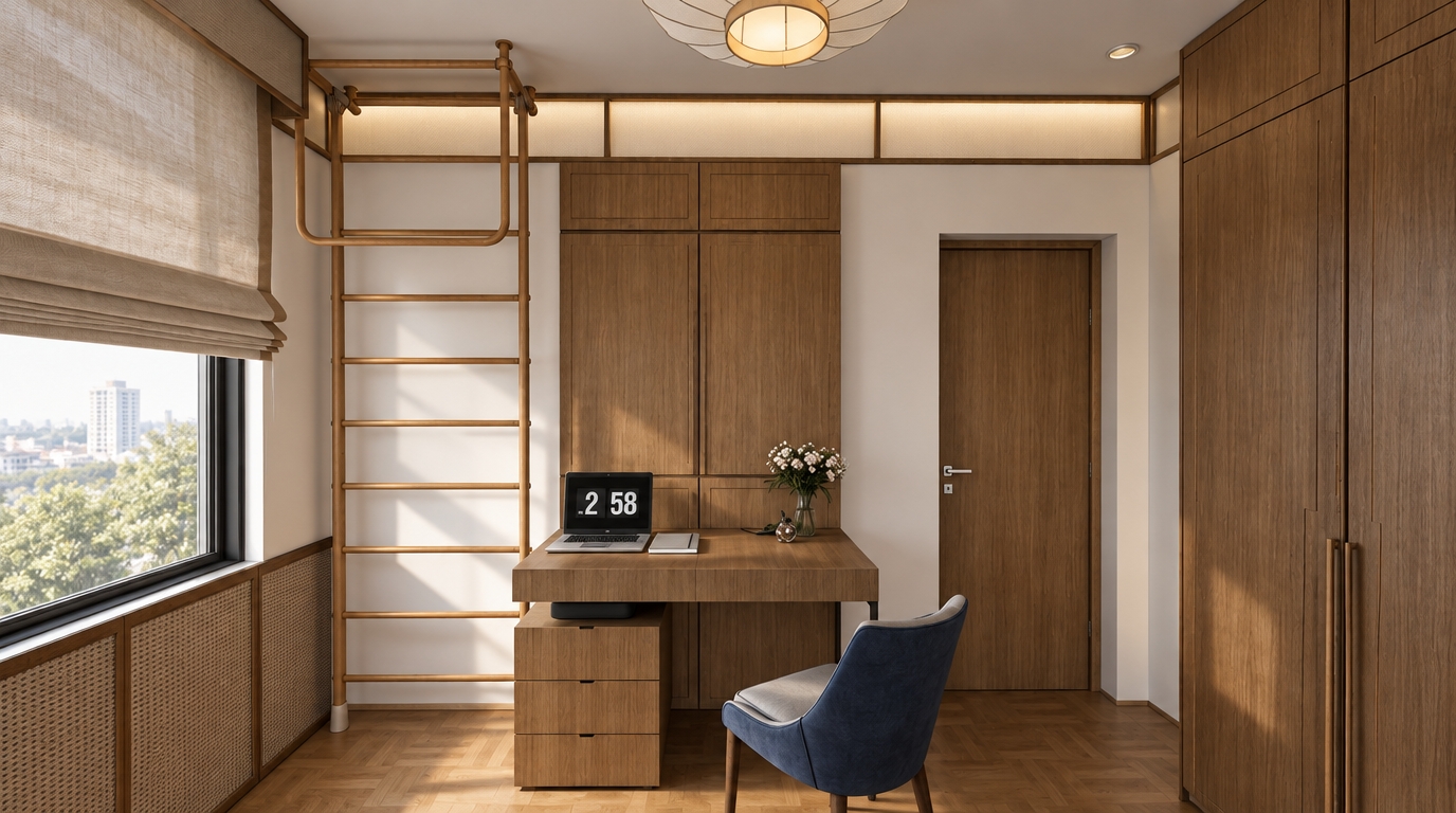 A photorealistic architectural interior photograph preserving the exact geometry and composition of the room, illuminated by soft natural daylight entering from the left window paired with a gentle warm ambient glow from the ceiling fixture. All surfaces exhibit authentic material physics, featuring natural satin wood grain with soft light reflections on the cabinetry, desk, and ladder, rich woven fabric texture on the blue armchair, subtle sheen on the laptop screen and glass vase, and smooth matte white wall surfaces. Natural diffused contact shadows fall realistically across the parquet floor, captured with a sharp wide-angle architectural lens with balanced dynamic range, subtle ambient occlusion, and faint photographic film grain.