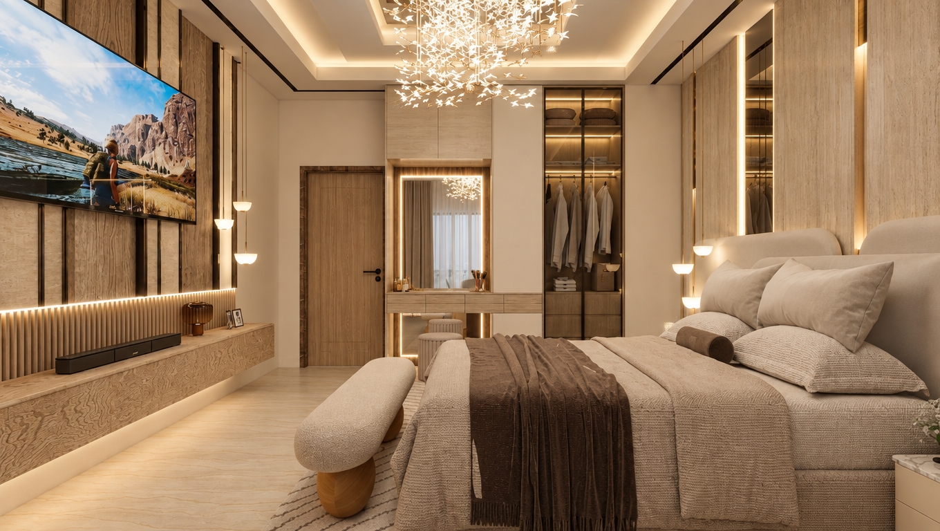 Architectural interior photograph preserving the exact bedroom layout and perspective, captured with a wide-angle lens. The scene features balanced, soft indoor illumination with a warm 3000K color temperature emanating evenly from the integrated LED strips, pendant lights, and vanity mirror, completely avoiding direct exterior sunrays. The room embraces a harmonious palette of rich beige, soft cream textiles, and light oak finishes. Micro-textures highlight authentic fabric weaves across the bedding, crisp fluted wood detailing on the TV wall, gentle glass reflections on the wardrobe, smooth contact shadows, and faint photographic film grain.