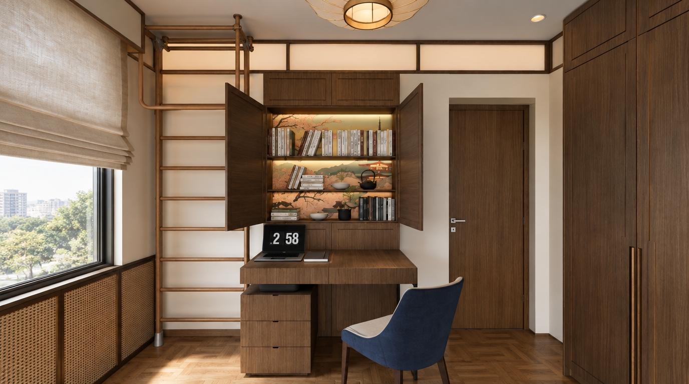 A sharp, natural-light interior photograph capturing the exact scene with realistic materials and balanced lighting. Soft, diffused daylight enters from the window on the left, casting gentle, accurate contact shadows beneath the desk, chair legs, and ladder rungs, complemented by a warm ambient glow from the ceiling fixture. The dark walnut millwork exhibits authentic grain, subtle sheen, and crisp joinery, while the parquet flooring reflects soft ambient light. The interior cabinet backdrop displays vibrant, matte Japanese art paper texture behind books with paper-bound spines and ceramics with delicate satin glazes. The blue upholstered chair reveals fine fabric weaving, the laptop screen casts a subtle digital luminescence on the desk surface, and neutral matte white walls complete the scene with fine tonal gradients, captured with realistic depth of field and clean architectural perspective.