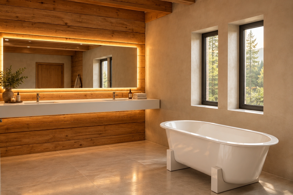 An incredibly lifelike, richly detailed, photorealistic interior shot of a luxurious, modern-fusion bathroom set in a tranquil, nature-integrated home. The scene is illuminated by the soft, warm glow of integrated LED backlighting behind a large, custom-mirrored vanity and the natural, diffused daylight pouring through vertical windows, creating a serene and ultra-cozy atmosphere. Captured with a 35mm wide-angle lens, the image emphasizes the rich, tactile contrast between the organic, golden-toned horizontal log paneling and the smooth, seamless light beige microcement wall on the right. A sleek, white porcelain soaking tub sits elegantly on a floor of matte, oversized stone-look ceramic tiles, which reflect the ambient light with subtle depth. The vanity features a crisp, minimalist design topped with a glowing mirror that enhances the warmth of the space. Every detail, from the gentle shadows cast by the tub to the soft radiance of the hidden lighting, invites a sense of spa-like relaxation and refined comfort.