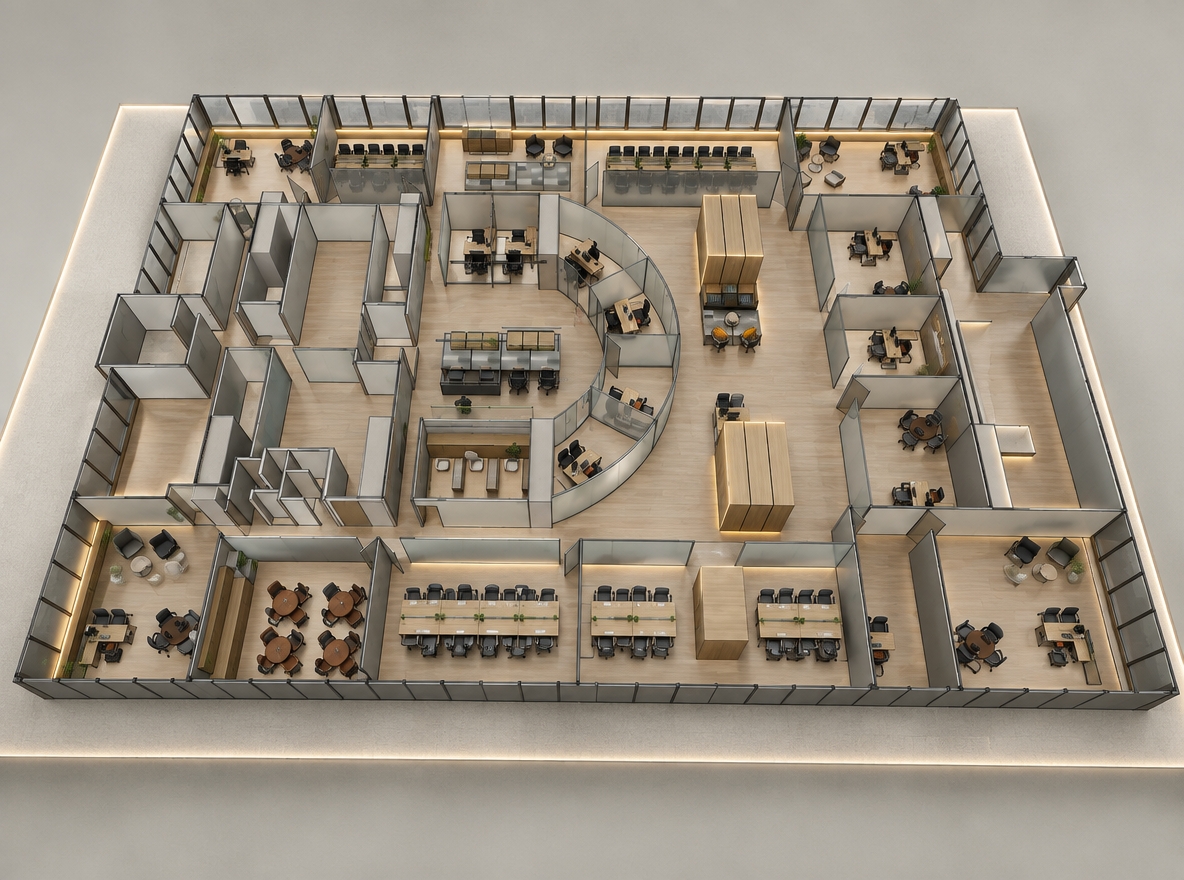 An incredibly lifelike, richly detailed, photorealistic isometric bird’s-eye view of a modern administrative office space set in a high-rise corporate building. The scene is illuminated by soft, recessed LED strip lighting that traces the architectural lines of the ceiling, casting a warm, inviting glow that diffuses evenly across the open-plan layout, creating a productive and professional atmosphere. Captured with a professional-grade wide-angle lens, the composition emphasizes the clean textures of light oak wood furniture and the subtle, organic warmth of light-wood vinyl flooring.

The office features an elegant "modern fusion" design, where light greige walls provide a neutral, sophisticated backdrop for the various functional zones. The space is expertly segmented by floor-to-ceiling frosted glass partitions, allowing light to filter softly from one sector to another while maintaining a sense of privacy. Central to the layout is a distinctive curved glass enclosure that adds architectural fluidity to the grid of executive desks and shared workstations. High-end wood cabinetry is accented with integrated indirect LED lighting, casting gentle halos against the wall surfaces. Toward the entrance, a dedicated, ergonomically designed reception and locker area provides a seamless transition for public interaction. The perspective highlights the deep spatial relationships between the communal areas and private offices, reflecting a polished, high-end commercial visualization that blends efficiency with refined, contemporary aesthetics.