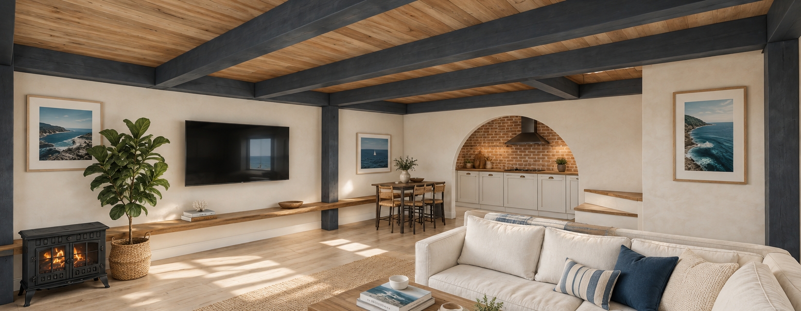An incredibly lifelike, richly detailed, photorealistic interior shot of a sophisticated open-plan living area set in a serene coastal villa. The scene is illuminated by a soft, diffused coastal breeze of natural sunlight streaming through unseen windows, creating an airy, light-filled, and inviting atmosphere. Captured with a 24mm wide-angle lens, emphasizing the crisp contrast between the rugged exposed structural beams and the refined, sandy-neutral plaster walls.

The room exudes a relaxed, nautical elegance, featuring a comfortable sofa dressed in crisp white linen, positioned to overlook a collection of carefully curated coastal decor. A sleek, wall-mounted television anchors the living space, while the background reveals a charming arched transition into the kitchen, where a rustic brick backsplash provides a warm, tactile contrast to the clean white cabinetry. The ceiling is finished with warm, reclaimed timber planks nestled between charcoal-toned support beams, grounding the room's height. Uncluttered surfaces are adorned with a photography book on travel and vibrant seascape wall art in deep shades of ocean blue. A lush, potted fiddle-leaf fig adds a touch of organic life to the corner, while a classic cast-iron fireplace provides a nostalgic, cozy focal point, perfectly blending beachy simplicity with an industrial-chic foundation.