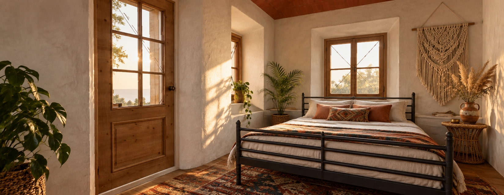 An incredibly lifelike, richly detailed, photorealistic interior photograph of a bohemian-inspired bedroom oasis, set within a charming rustic space with thick white plaster walls and warm terracotta ceiling accents. The scene is illuminated by soft, diffused golden hour light filtering through the vintage wood-framed windows, creating a dreamy, free-spirited atmosphere. Captured with a 35mm lens, emphasizing the intricate textures of a layered macrame wall hanging, plush woven rugs in shades of rust and deep teal, and the organic grain of the hardwood flooring.

The composition highlights a stylish wrought-iron bed frame dressed in crisp, organic linen, flanked by a circular rattan side table topped with a collected vintage ceramic vase. Lush, overflowing greenery and feathery pampas grass sprigs soften the corners of the room, adding a vibrant, natural vitality to the space. The depth of field is shallow, drawing the eye toward the interplay between the cool shadows of the bedside and the warm, sunset-kissed walls, resulting in an authentic, high-end design magazine aesthetic that feels both curated and effortlessly lived-in.