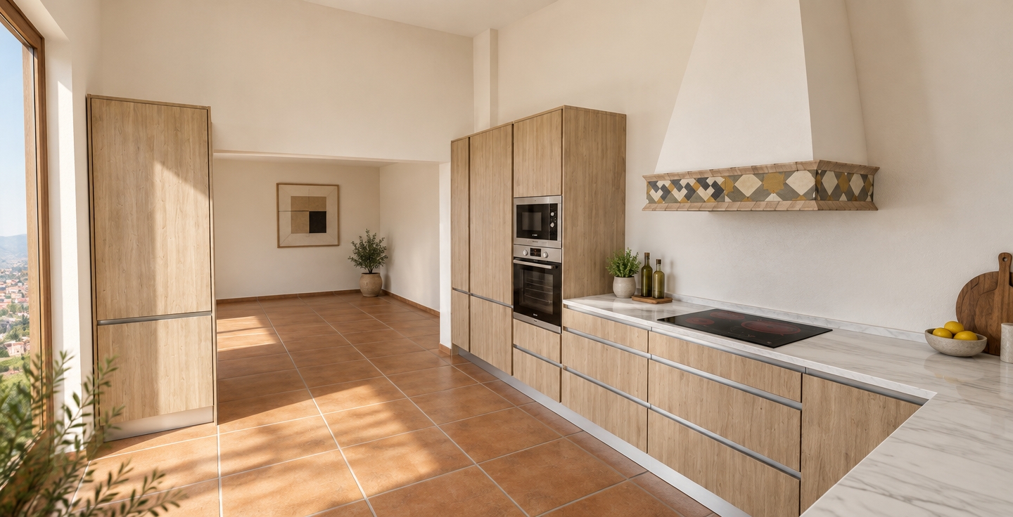 A sharp architectural photograph capturing this kitchen with exact fidelity to its existing layout, geometry, and materials. Bright, natural daylight streams in from the left window, casting soft directional shadows and gentle ambient illumination across the off-white walls. The flat-panel cabinetry reveals realistic light oak wood grain with delicate tactile variation and metallic trim, paired seamlessly with a polished white marble countertop showing faint gray veining. The built-in ovens and ceramic cooktop exhibit authentic glossy glass surfaces with crisp specular highlights, while the terracotta floor tiles display genuine matte clay textures, natural color variation, and clean grout. Shot with a professional interior wide-angle lens, the image features balanced dynamic range, natural light falloff, and subtle depth of field.