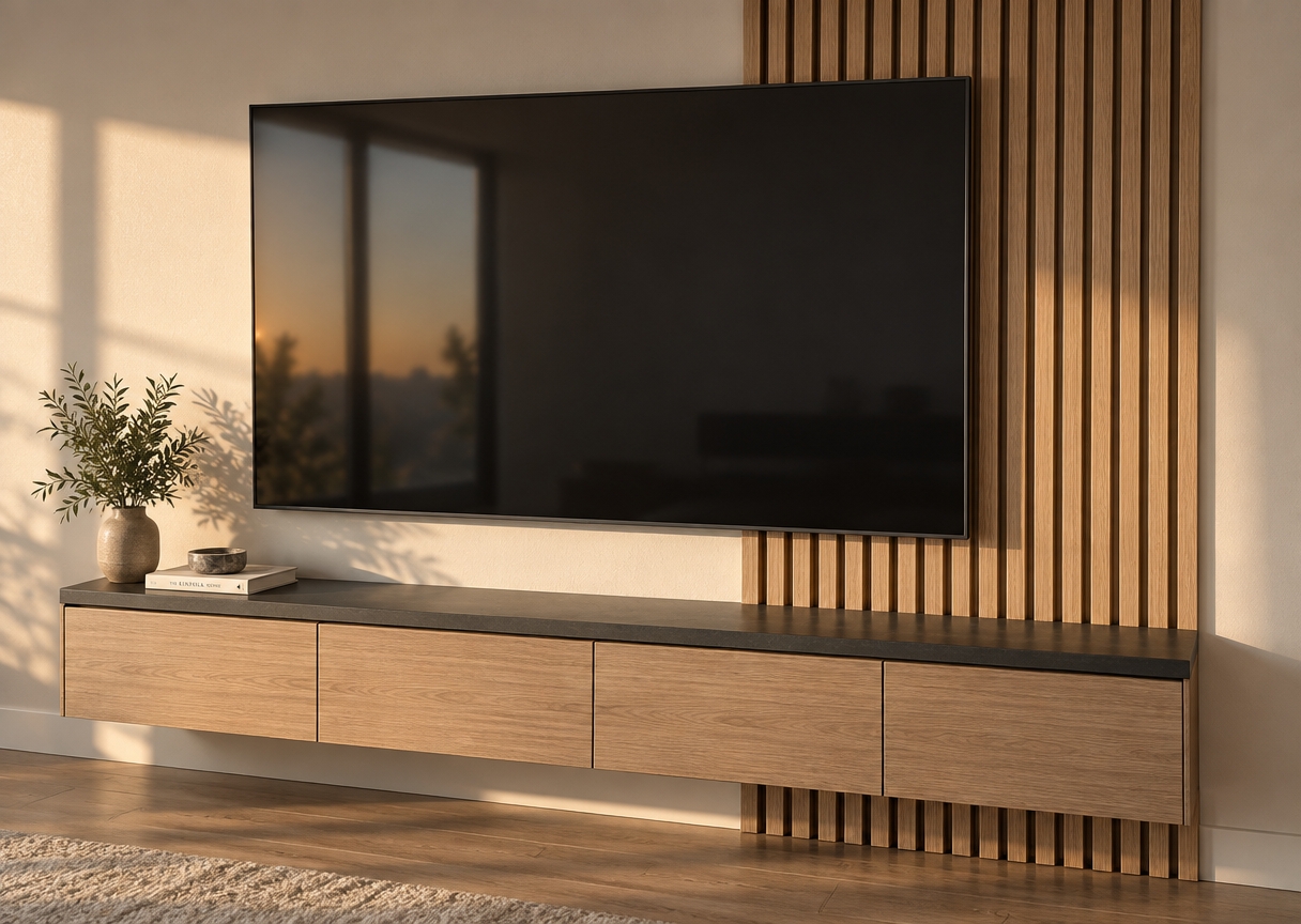 A photorealistic architectural photograph of this exact wall unit, illuminated by low-angled, warm afternoon sunlight casting soft shadows across the vertical slats and matte-painted wall. The floating media console and wood slats feature realistic natural grain textures, while the wall-mounted flat screen displays authentic anti-reflective glass physics with faint ambient sheen. Captured on a sharp 35mm lens with warm golden-hour color balance, natural dynamic range, and subtle surface micro-textures.