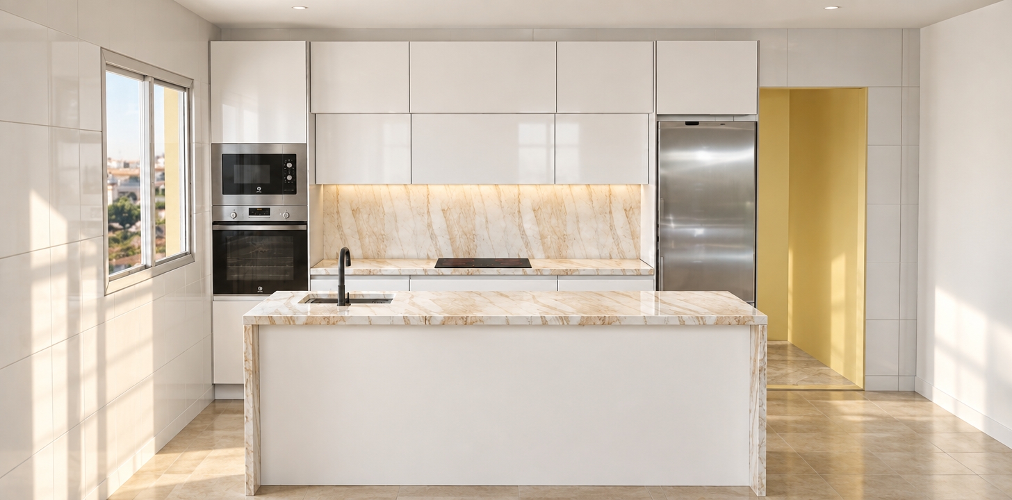 An incredibly lifelike, richly detailed, photorealistic eye-level interior shot of a contemporary kitchen set in a bright, modern-fusion apartment. The scene is illuminated by soft, natural morning light streaming through the window, creating a clean, serene, and sophisticated atmosphere. Captured with a 35mm wide-angle lens, emphasizing the seamless integration of high-gloss white cabinetry and luxurious, honey-veined Calacatta marble surfaces.

The composition centers on a streamlined kitchen island finished in polished marble, which serves as a tactile anchor against the minimalist matte-white walls. A sleek, black matte faucet rises elegantly from the countertop, providing a sharp geometric contrast. Behind the island, the matching marble backsplash glows with subtle amber veining, elevating the functional workspace into a refined culinary display. To the left, integrated stainless steel appliances are flush-mounted into the cabinetry, reflecting the clean lines of the space. To the right, a warm, soft-yellow doorway leads into an adjacent room, adding depth and a sense of architectural continuity. The combination of cool, reflective metallic finishes and the warm, organic movement of the stone creates a balanced, high-end environment where modern utility meets artisanal elegance.
