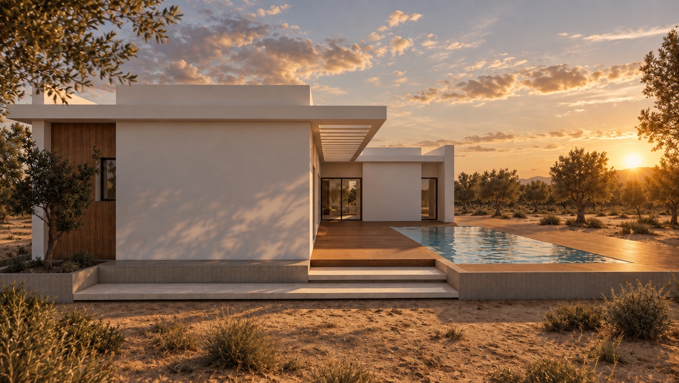 la maison est située dans un grand terrain en arbres et sable, je veux garder les mêmes matériaux juste en rendu plus réel, avec une lumière chaude