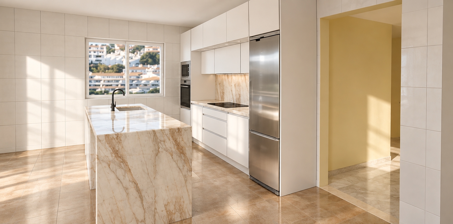 An incredibly lifelike, richly detailed, photorealistic wide-angle interior shot of a contemporary kitchen set in a sun-drenched Mediterranean villa. The scene is illuminated by soft, natural afternoon light streaming through a horizontal window, creating a serene and airy atmosphere. Captured with a 24mm wide-angle lens, emphasizing the stunning contrast between the organic, cream-and-gold veined marble of the central island and the minimalist, matte-white cabinetry.

The kitchen features a seamless modern-fusion aesthetic, where crisp, white grid-tiled walls meet warm, earth-toned floor tiles. The cabinetry is integrated with high-end stainless steel appliances, including a sleek, counter-depth refrigerator and a built-in oven stack, creating a clean, architectural line. A striking, waterfall-edge marble island acts as the focal point, anchored by a matte-black faucet that adds a sharp, modern accent. Beyond the kitchen threshold, a warm, soft-yellow doorway hints at an adjacent living space with reflective stone flooring, while the window offers a picturesque, blurred view of a hillside resort town, grounding the interior in a vibrant, upscale coastal context.