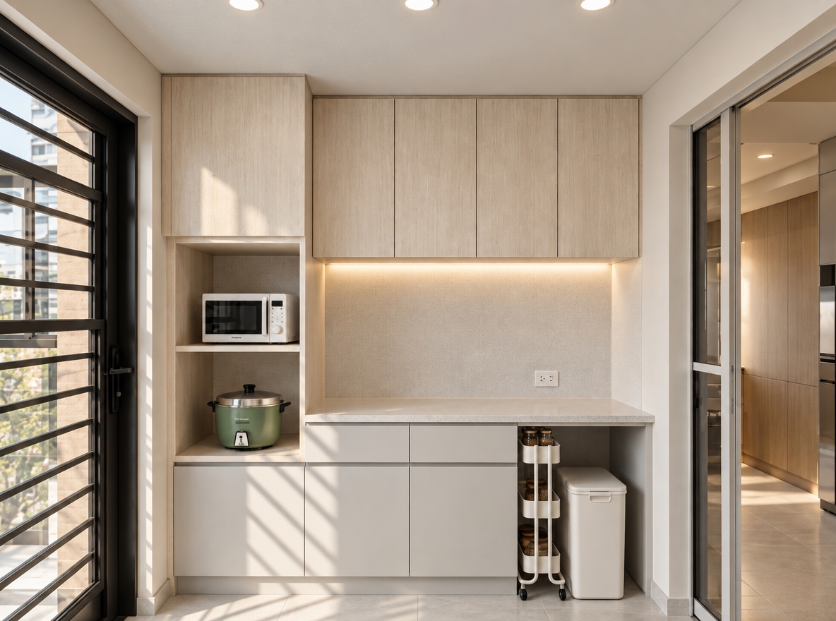 A sharp, eye-level architectural photograph of the exact kitchen interior, rendered with a softened, airy color palette and refined tactile textures. Crisp morning daylight filters through the metal-slatted balcony door on the left, casting soft linear shadows across the pale cabinetry, beautifully balanced by the warm, diffuse glow of the under-cabinet LED strip. The natural pale wood grain, smooth matte laminate surfaces, and appliances retain their original materials and colors with gently muted saturation. Shot with a 35mm lens at f/8, featuring realistic surface micro-textures, subtle ambient light reflections, crisp focus across all elements, and a clean, beautifully balanced exposure with mild film grain.
