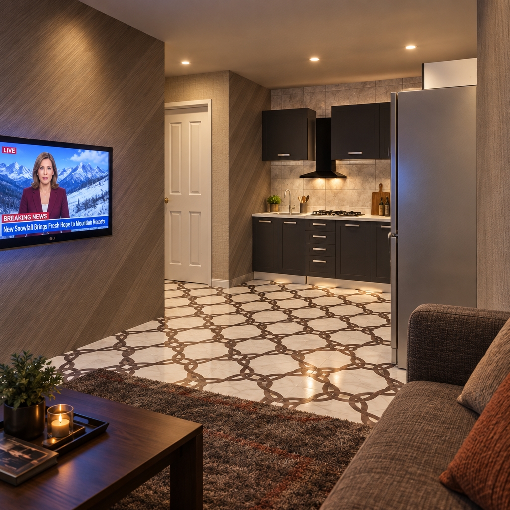 An incredibly lifelike, richly detailed, photorealistic interior perspective of a modern, open-concept kitchen and living area set in a cozy mountain retreat. The scene is illuminated by the soft, ambient glow of a vibrant news program playing on the wall-mounted television, creating a warm, inviting atmosphere during the twilight hours. Captured with a 35mm wide-angle lens, emphasizing the crisp contrast between the charcoal-toned cabinetry and the intricate, geometric white-and-espresso floor tiles.

The kitchen features sleek, matte-finish dark cupboards and a polished white countertop that reflects the subtle overhead lighting, while a plush, textured area rug in deep earthy tones anchors the lounge space, adding softness to the room. The walls are clad in sophisticated, diagonally-brushed taupe paneling that leads the eye toward a classic paneled white door, hinting at the quiet seclusion of the alpine landscape outside. Every detail, from the sharp reflections on the TV screen to the precise alignment of the modern stainless-steel hardware, is rendered with absolute clarity, evoking the tranquil comfort of a high-end mountain escape.